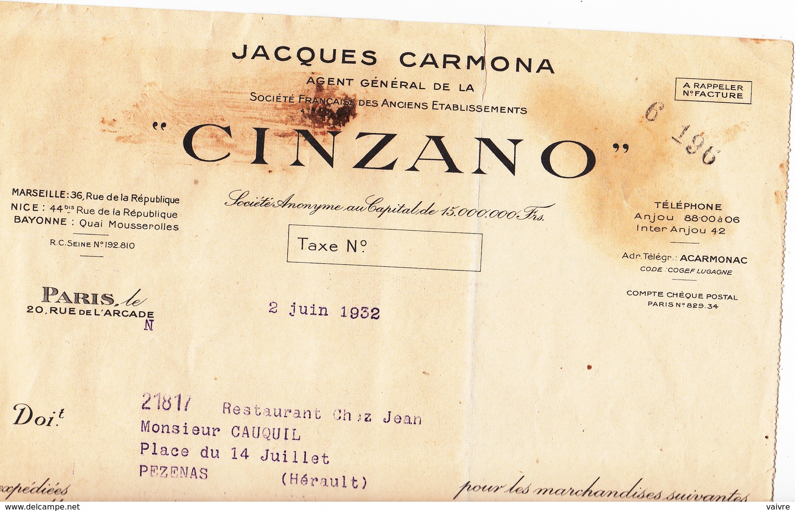Cinzano - Alcool - Facture 1932  - J.Carmona -  Livraison à Pezenas - 1900 – 1949
