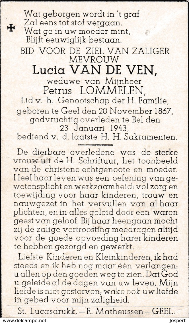 Geel-Bel, 1943, Lucia Van De Ven, Lommelen - Images Religieuses