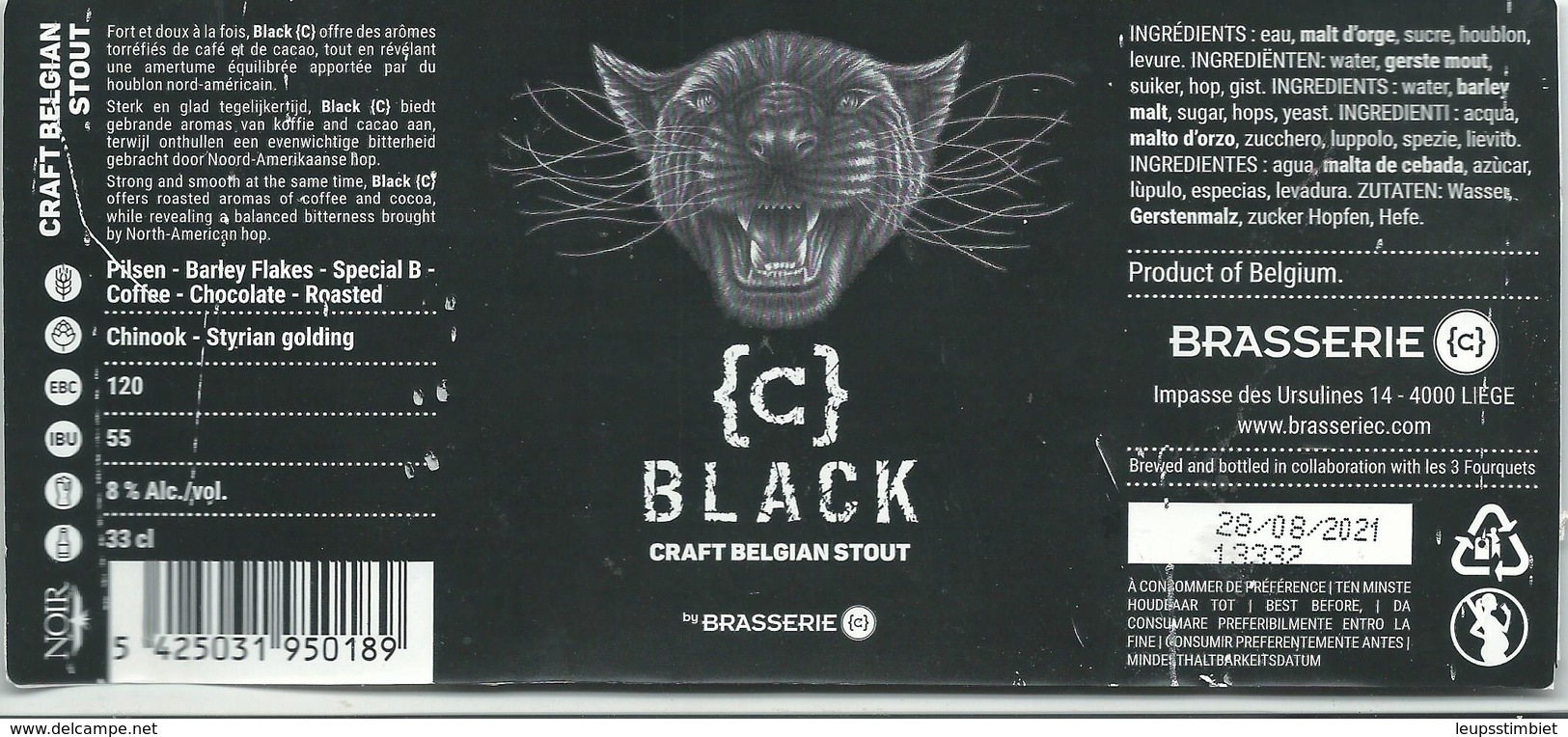 étiquette Décollée Bière Black Brasserie C Liège - Bière