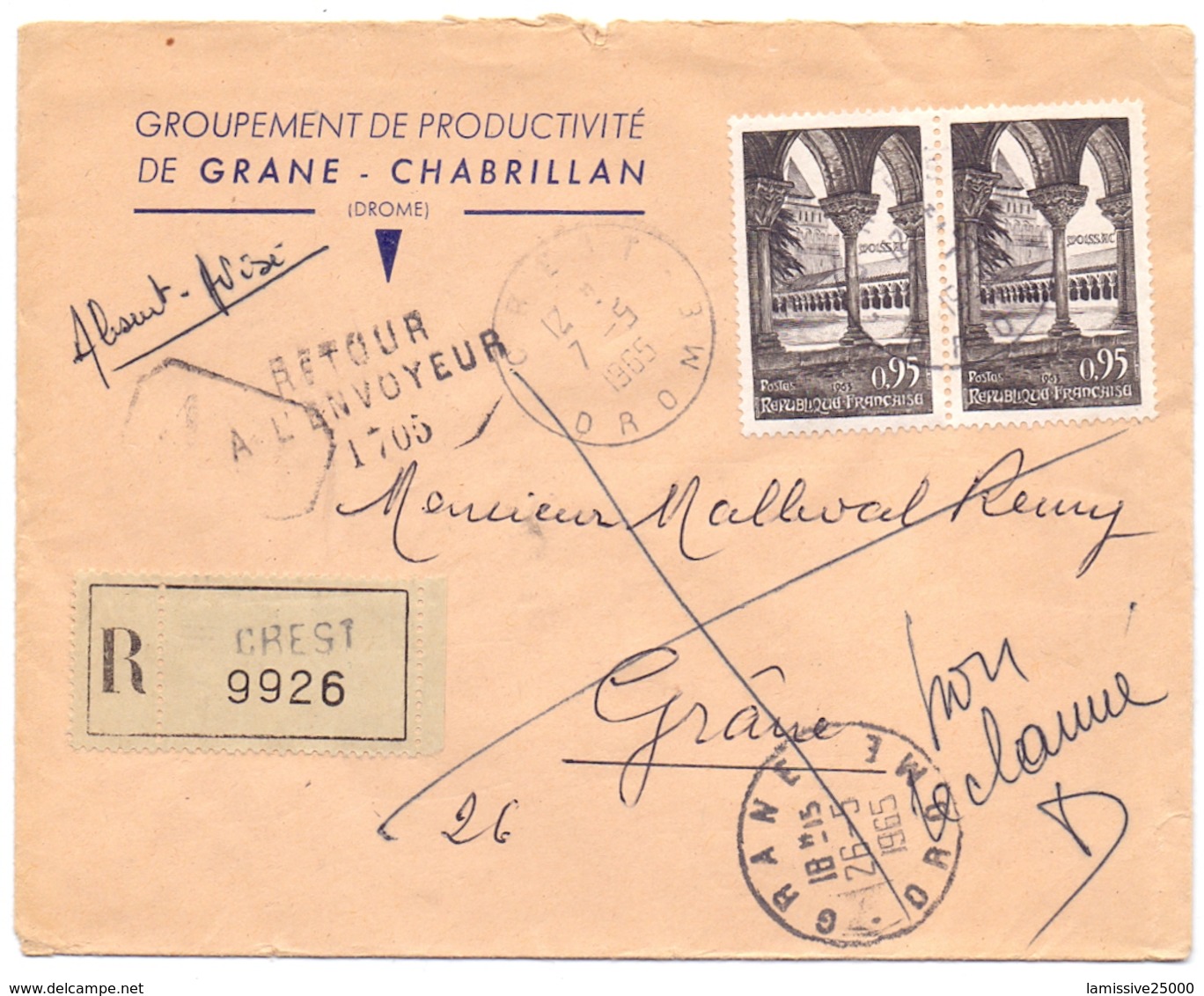 France Lettre Recommandée Avec AR De Crest Drome Pour Grane Retour A L Envoyeur 1705 Moissac - 1961-....