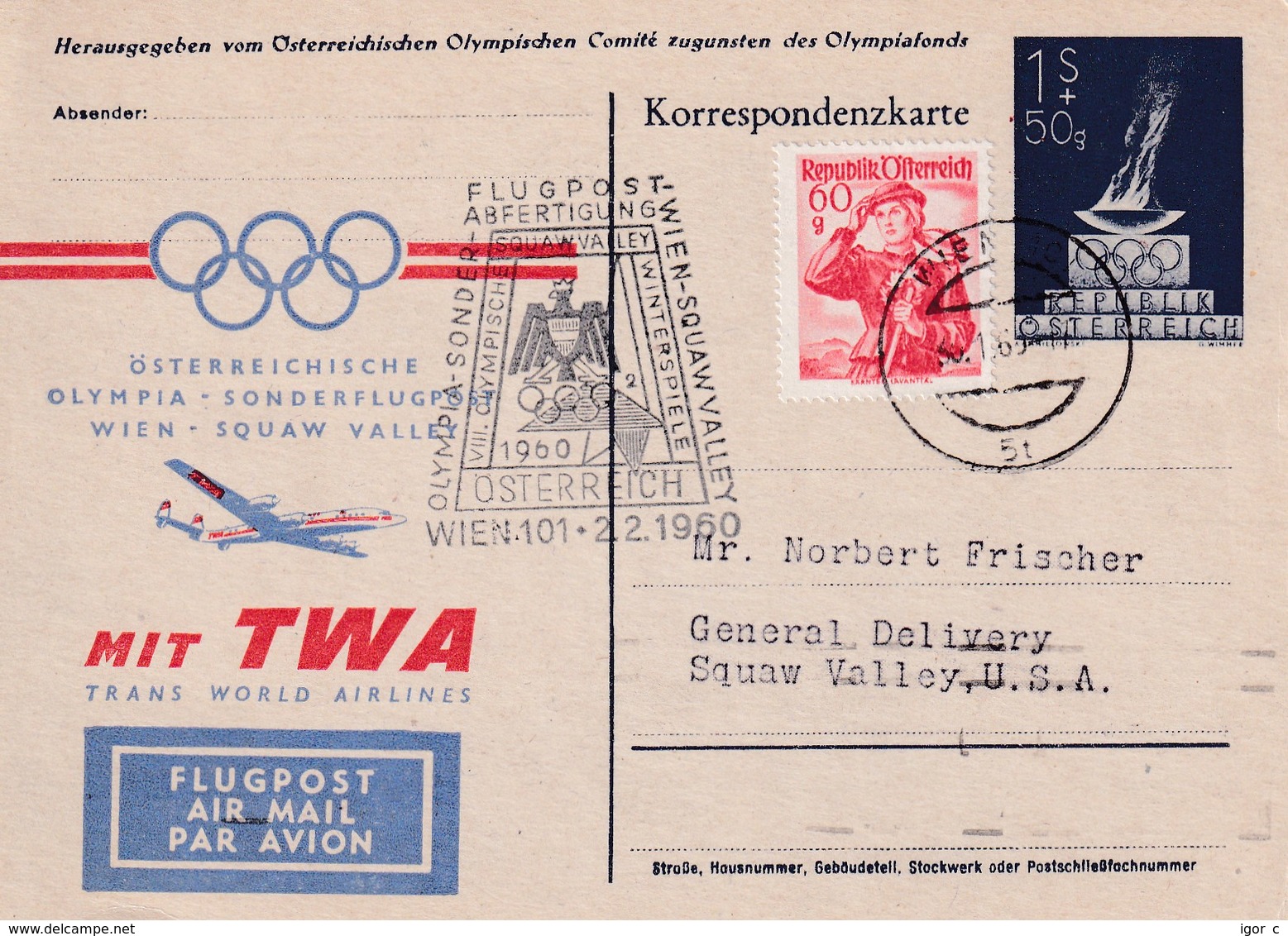 Austria 1960 Air Mail Postal Stationery Card; TWA Trans World Airlines Flight Vienna Squaw Valley; Eagle Adler: 2 Scans - Winter 1960: Squaw Valley