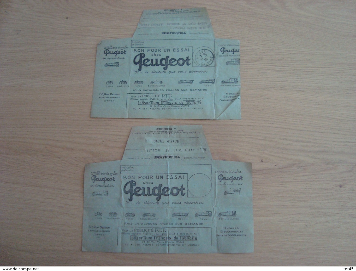 LOT DE 2 TELEGRAMMES PUBLICITE BON POUR UN ESSAI CHEZ PEUGEOT 1926 - 1921-1960: Modern Period