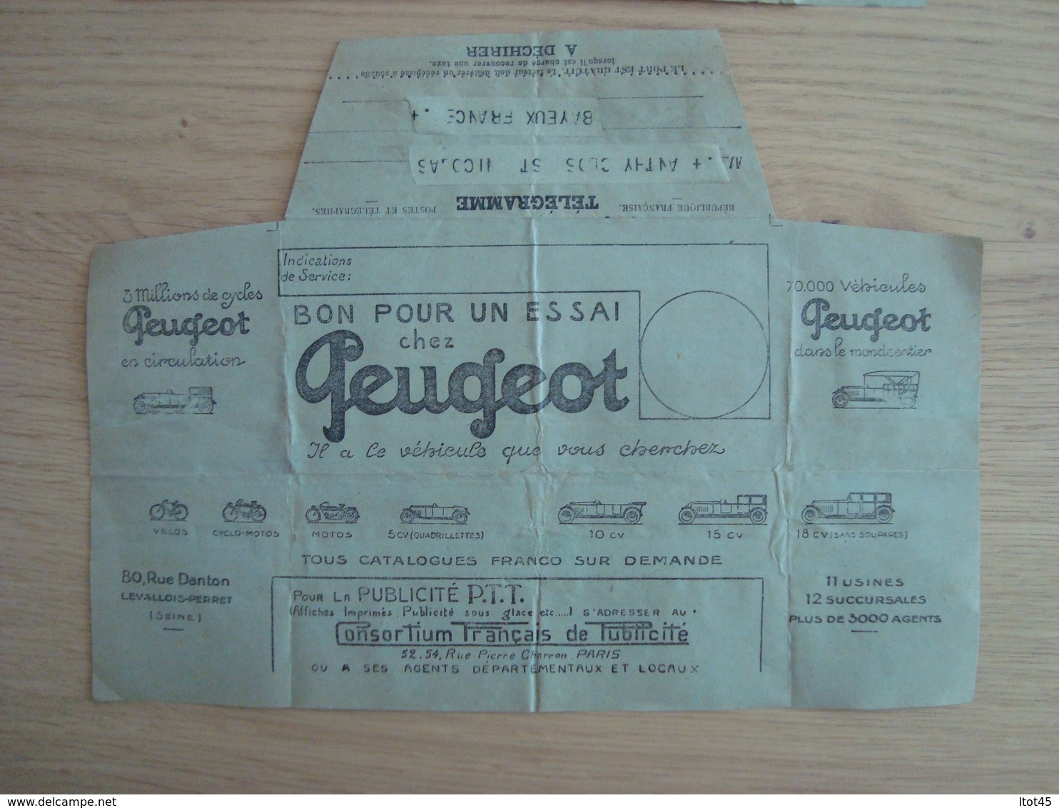 LOT DE 2 TELEGRAMMES PUBLICITE BON POUR UN ESSAI CHEZ PEUGEOT 1926 - 1921-1960: Modern Tijdperk