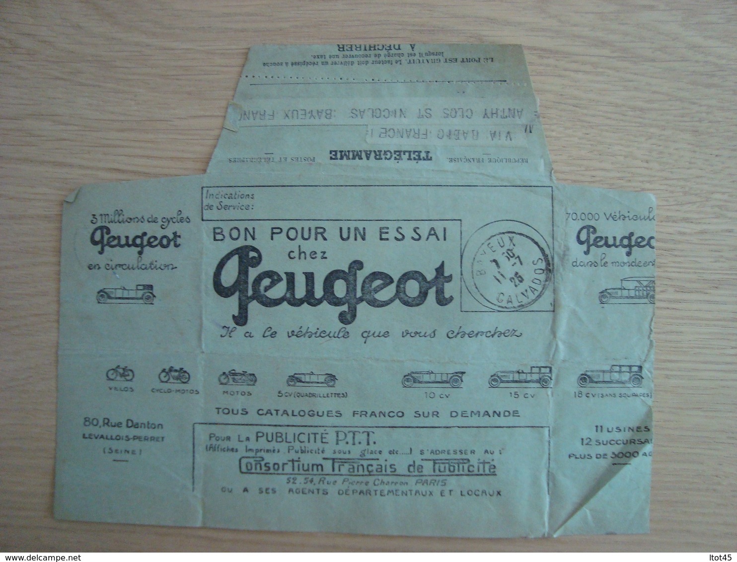 LOT DE 2 TELEGRAMMES PUBLICITE BON POUR UN ESSAI CHEZ PEUGEOT 1926 - 1921-1960: Modern Period