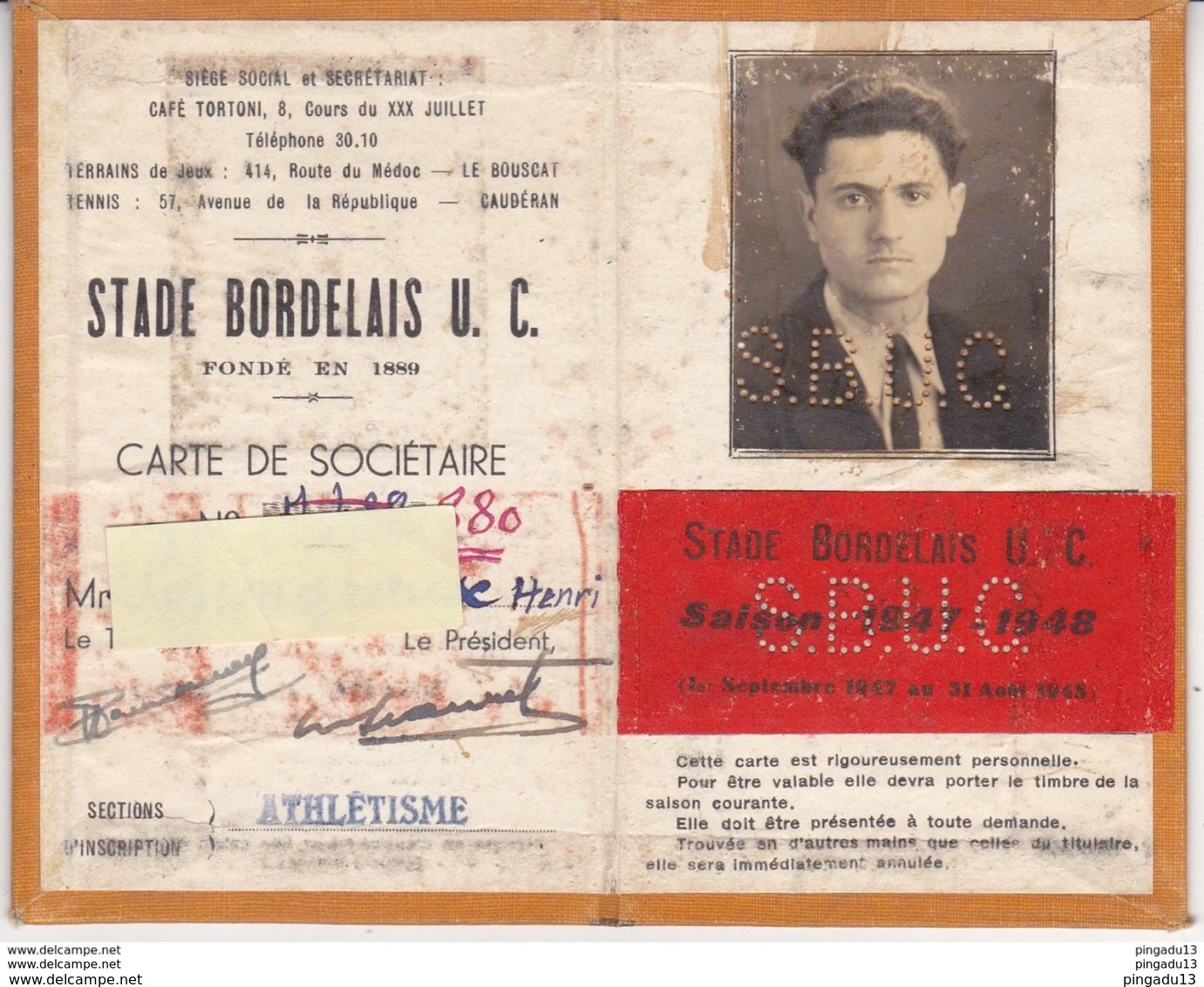 Au Plus Rapide Carte De Membre Du SBUC Bordeaux Section Athlétisme Saison 1947 1948 Lion Très Bon état - Athlétisme