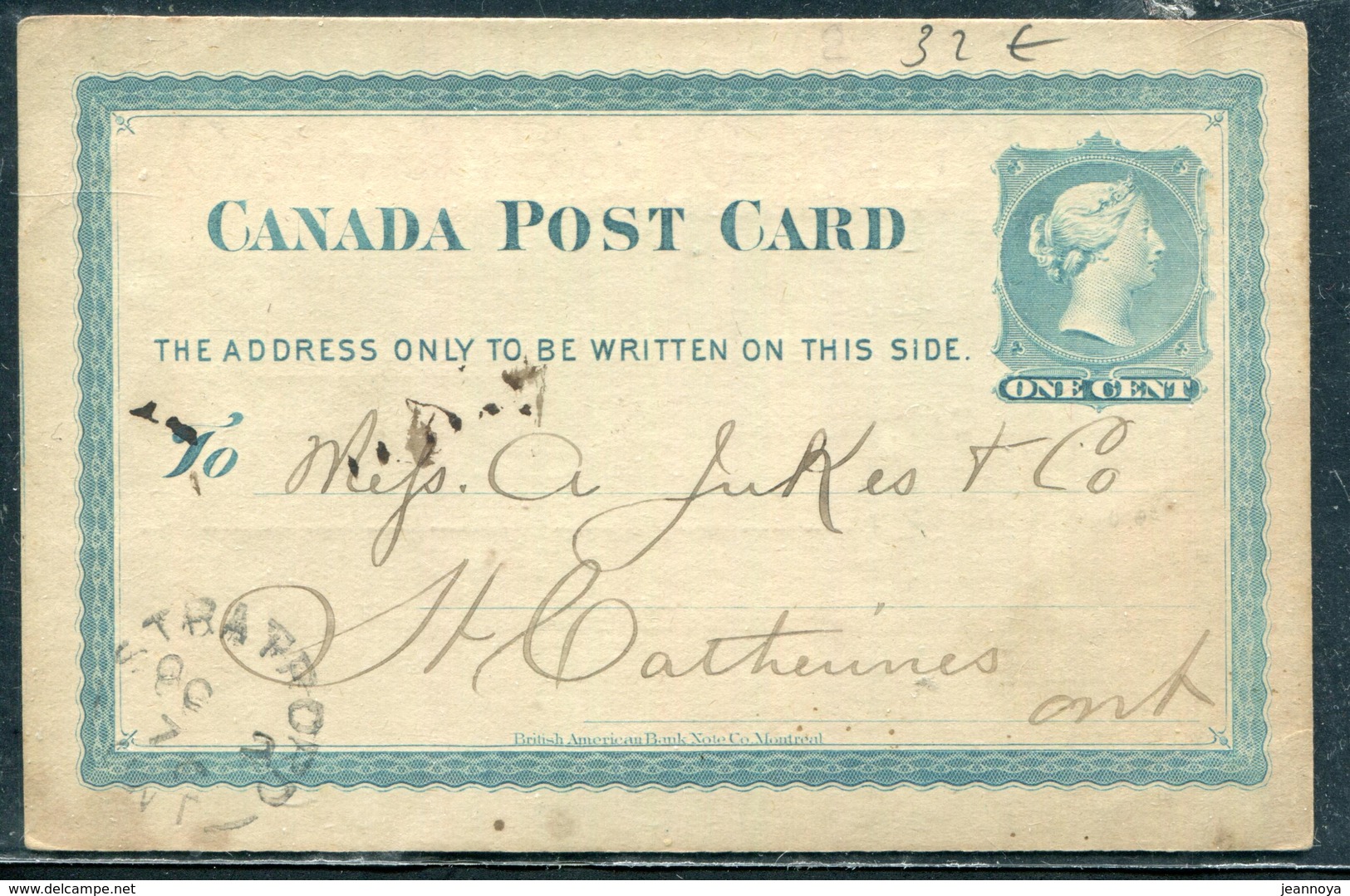 CANADA - CP DE VICTORIA 1 C. BLEU DE STRATFORD LE 2/10/1876 POUR STE CATHERINE - TB - 1860-1899 Victoria