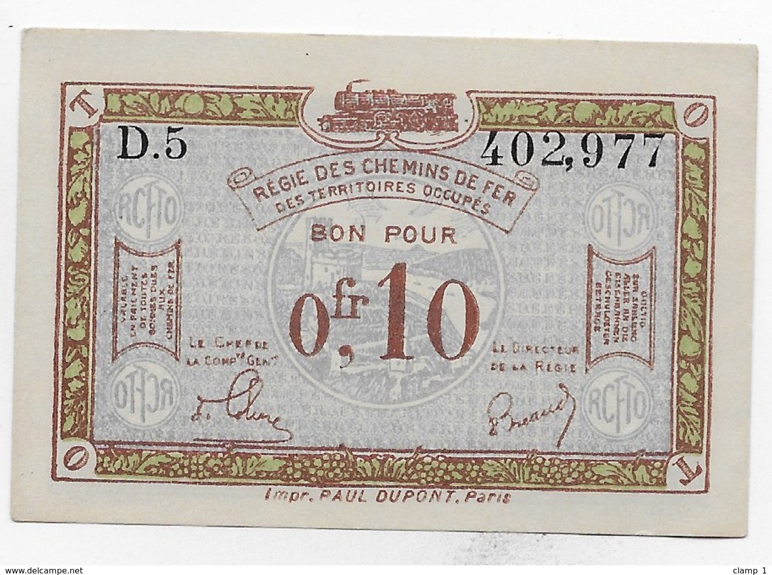 BILLET NECESSITE  REGIE DES CHEMINS DE FER DES TERRITOIRES OCCUPES 10 CENTIMES *1923 NEUF * RHENANIE * RUHR * - Notgeld