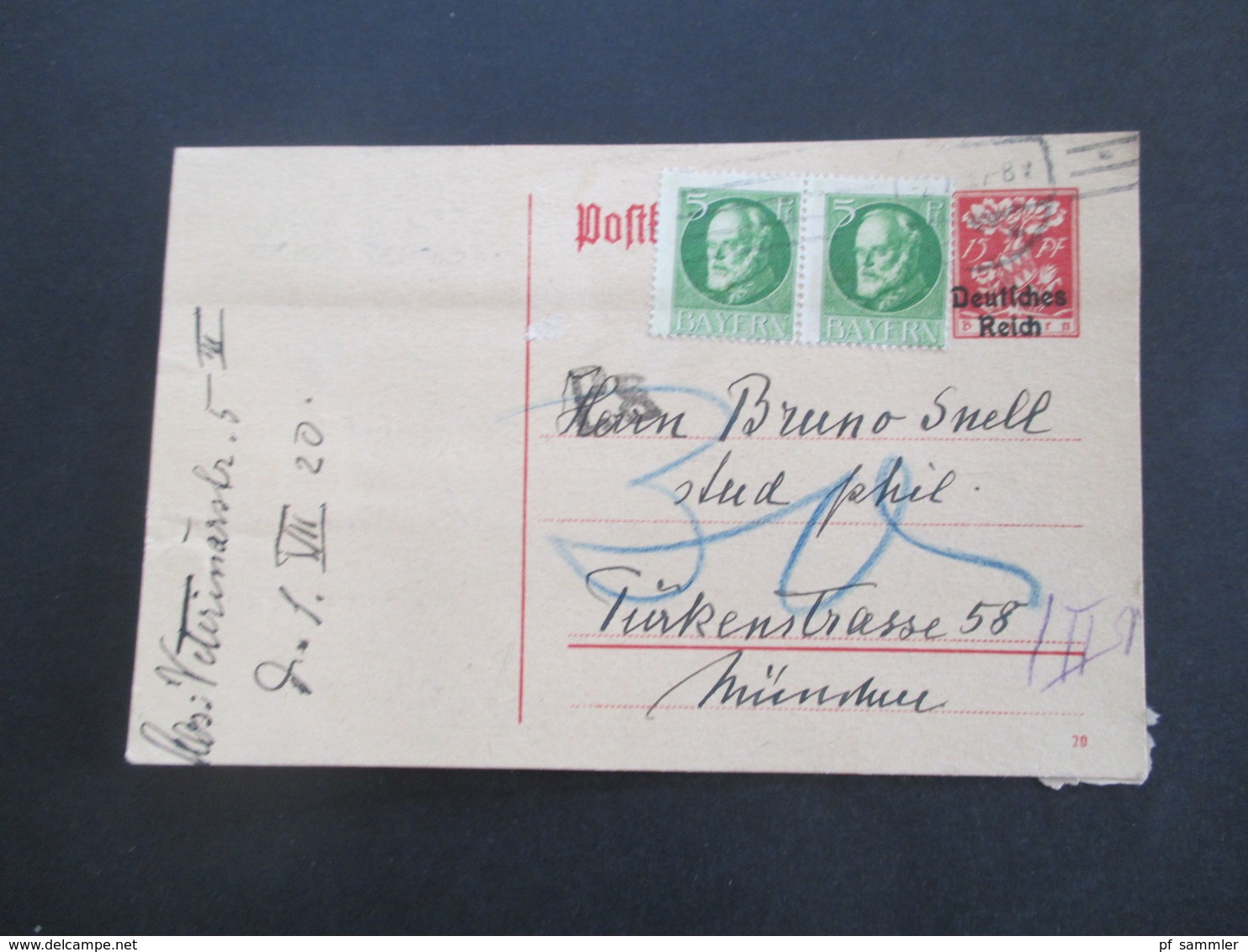 1920 Bayern / DR Bayern Abschied GA P125 Mit Zusatzfrankaturen Bayern Verwendet Als Orts PK In München ABER Nachporto - Enteros Postales