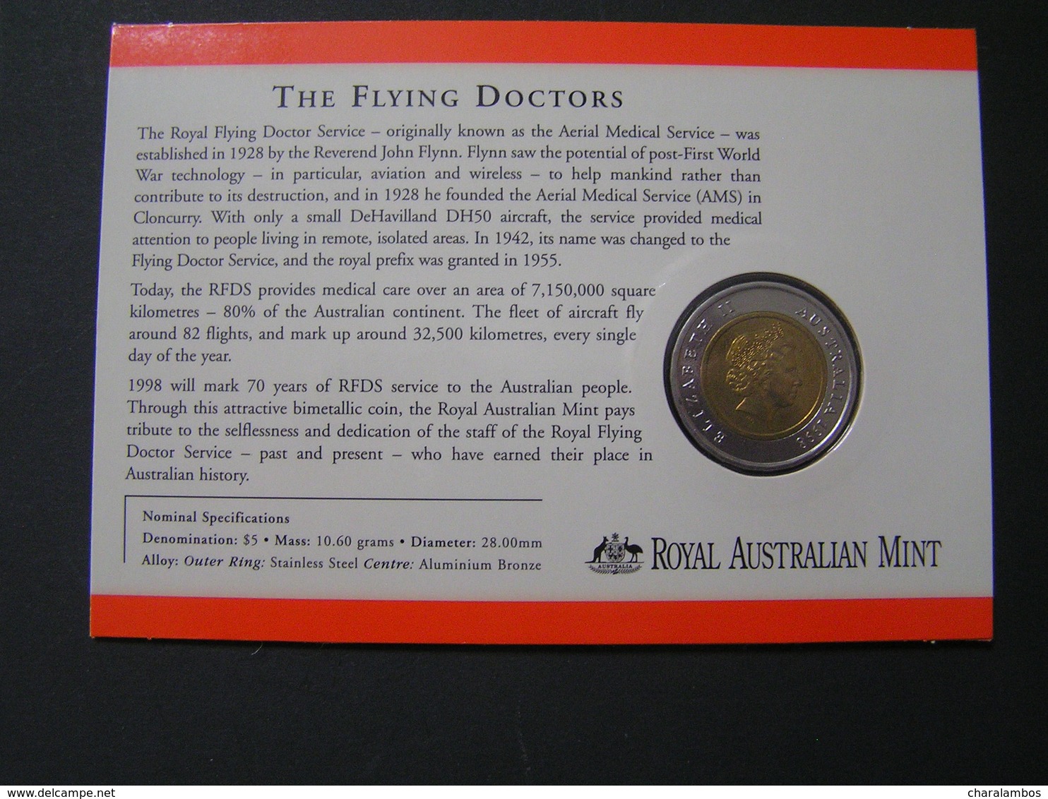 AUSTRALIA $ 5 BIMETALLIC COMMEMORATIVE COIN ROYAL FLYING DOCTOR SERVICE 1928-1998 Folder.. - 5 Dollars