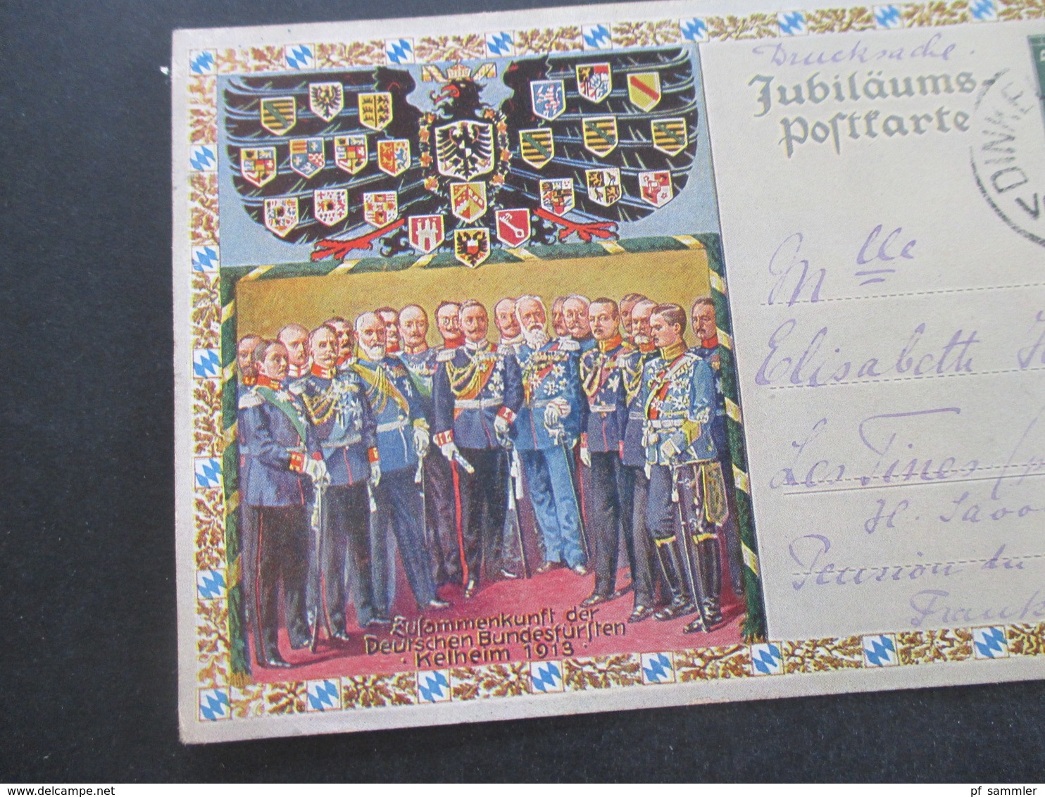 1913 Bayern Ganzsache Jubiläums Postkarte Kelheim 1913 Zusammenkunft Der D. Bundesfürsten Als Drucksache Nach Frankreich - Entiers Postaux