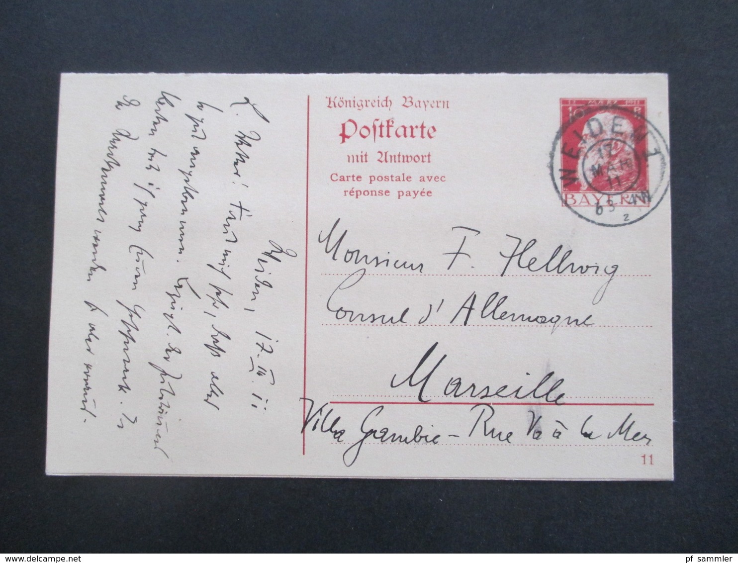 1911 Bayern GA / Doppelkarte P 90 /01 Weiden Nach Marseille Gesendet An Den Deutschen Konsul F. Hellwig In Villa Gambie - Postal  Stationery