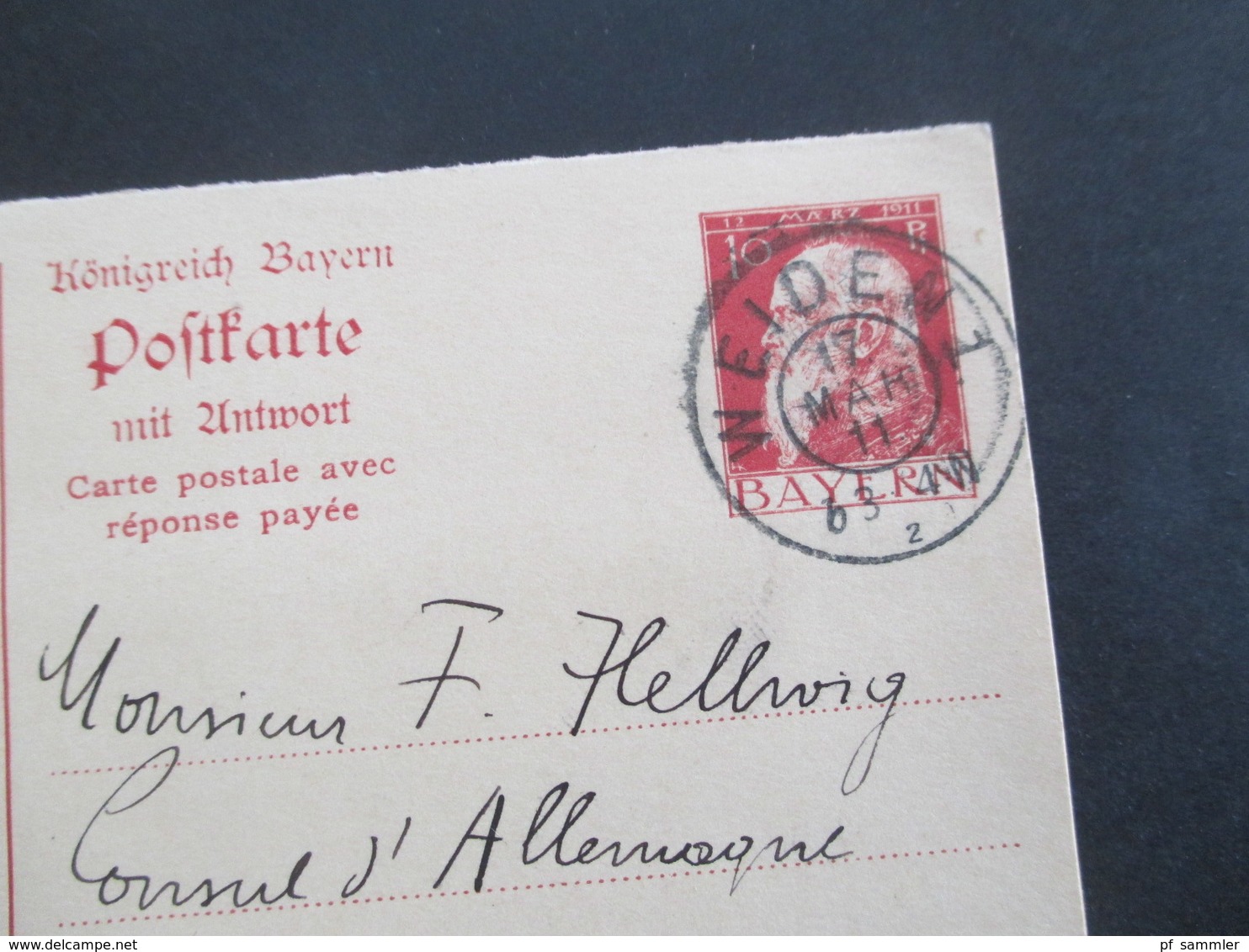 1911 Bayern GA / Doppelkarte P 90 /01 Weiden Nach Marseille Gesendet An Den Deutschen Konsul F. Hellwig In Villa Gambie - Enteros Postales