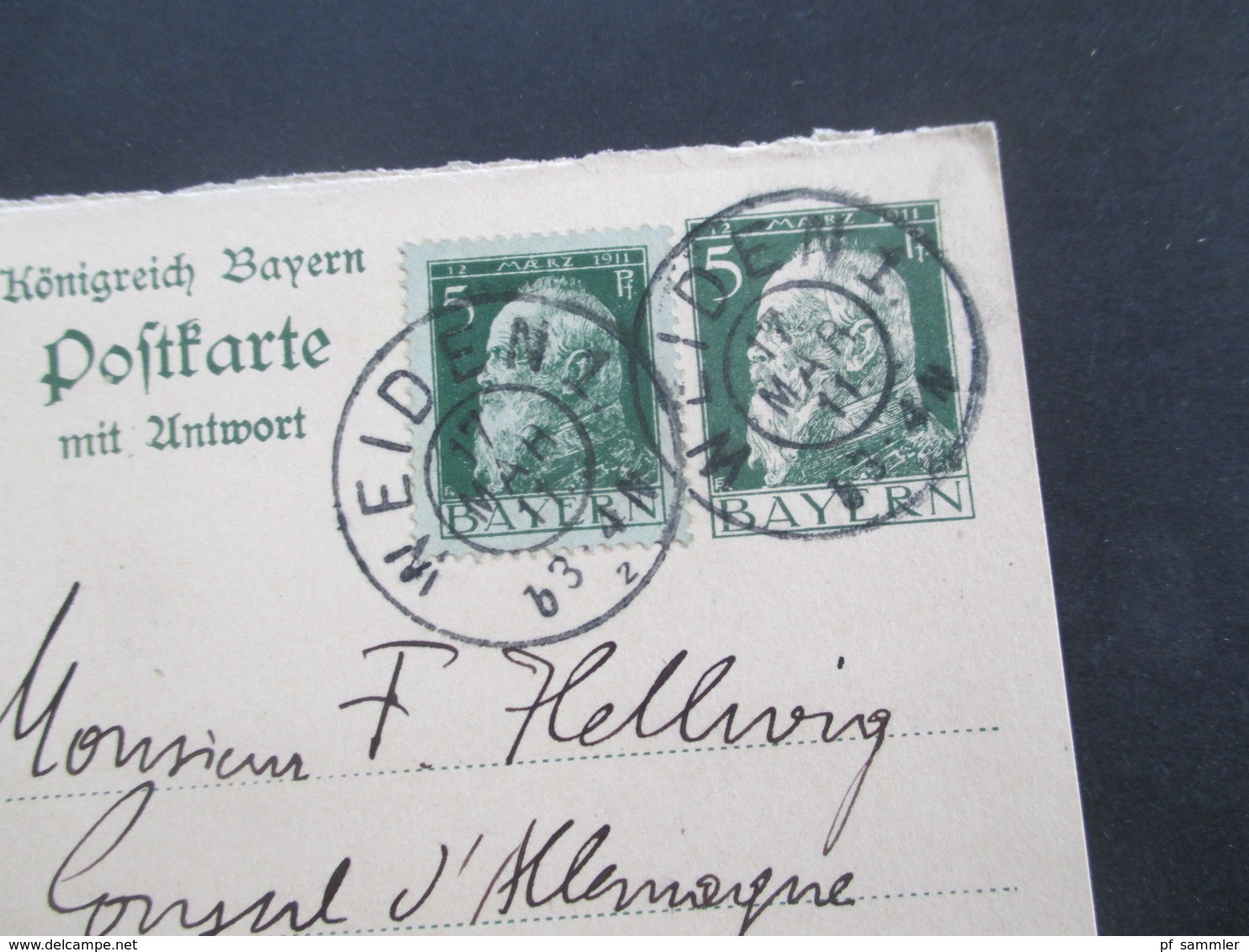 1911 Bayern GA / Doppelkarte P 89 /01 Weiden Nach Marseille Gesendet An Den Deutschen Konsul F. Hellwig In Villa Gambie - Entiers Postaux