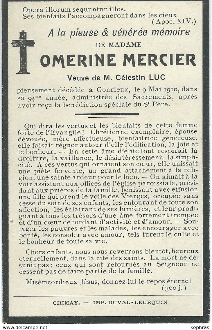 Souvenir Mortuaire - OMERINE MERCIER Veuve CELESTIN LUC - GONRIEUX 1816 - 1910 - Devotieprenten