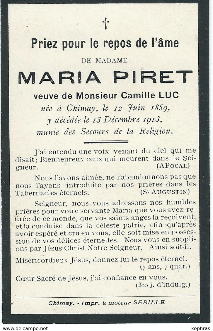 Souvenir Mortuaire - MARIA PIRET Veuve CAMILLE LUC - CHIMAY 1859 / 1913 - Devotieprenten