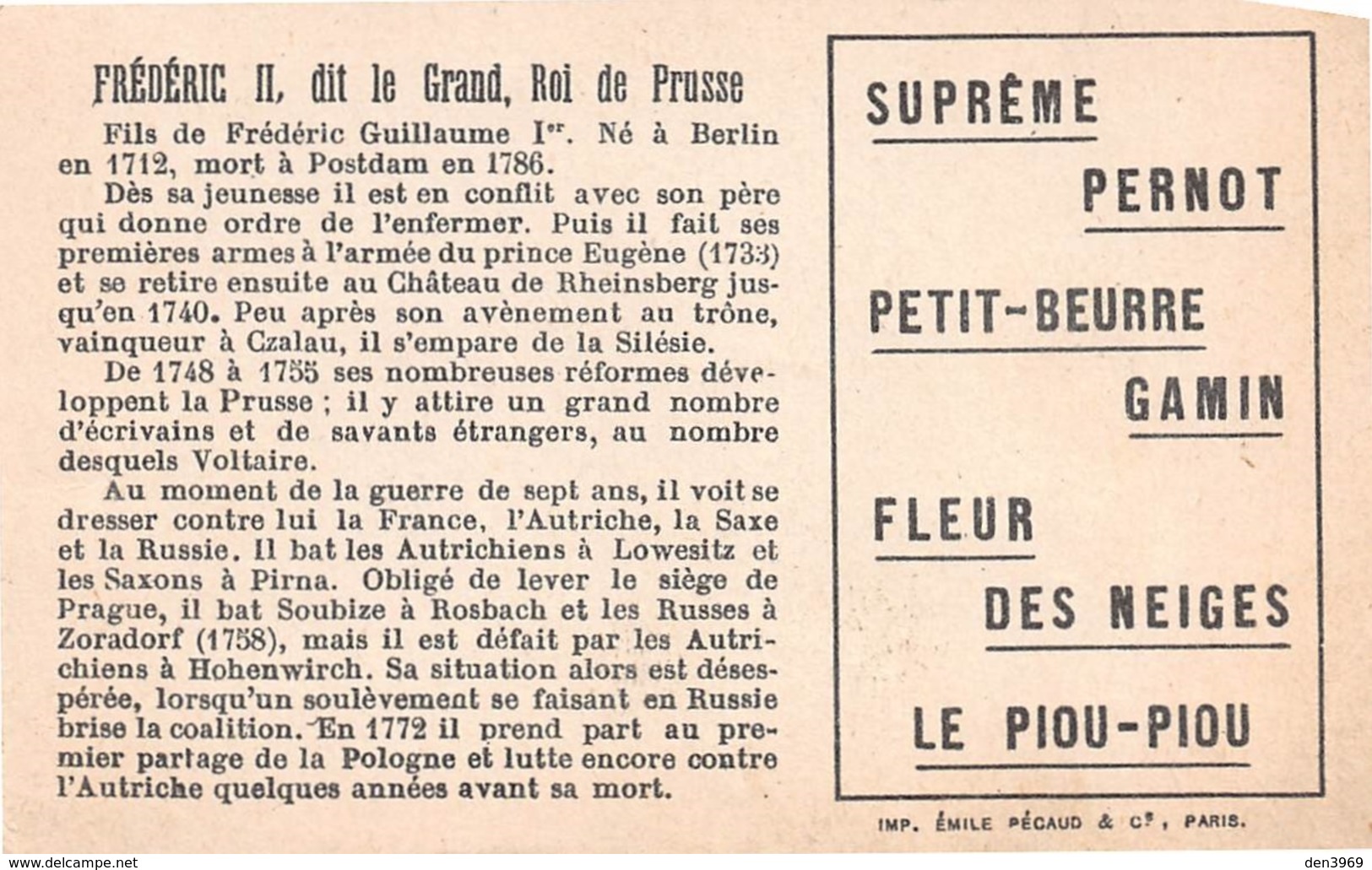 Chromo - Biscuits PERNOT, Dijon - Frédéric II Dit Le Grand, Roi De Prusse Né à Berlin, Mort à Postdam - Pernot