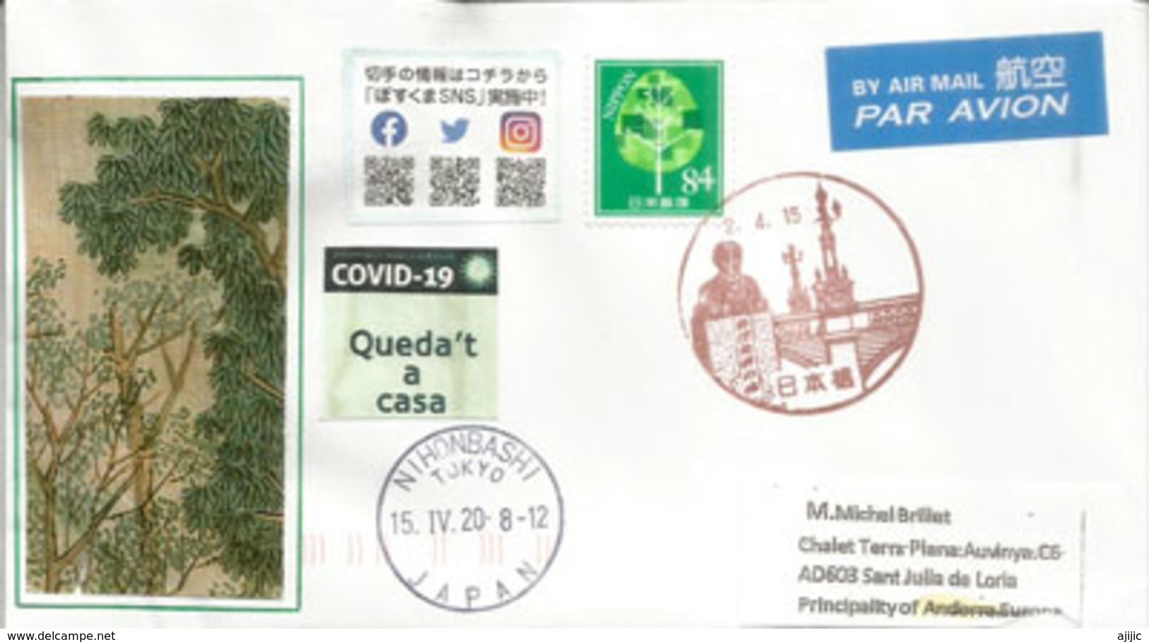 Greenery Day Japan 2020,letter Sent Andorra,with Andorran Label STAY HOME In Catalan Language During Covid19 Lockdown - Storia Postale