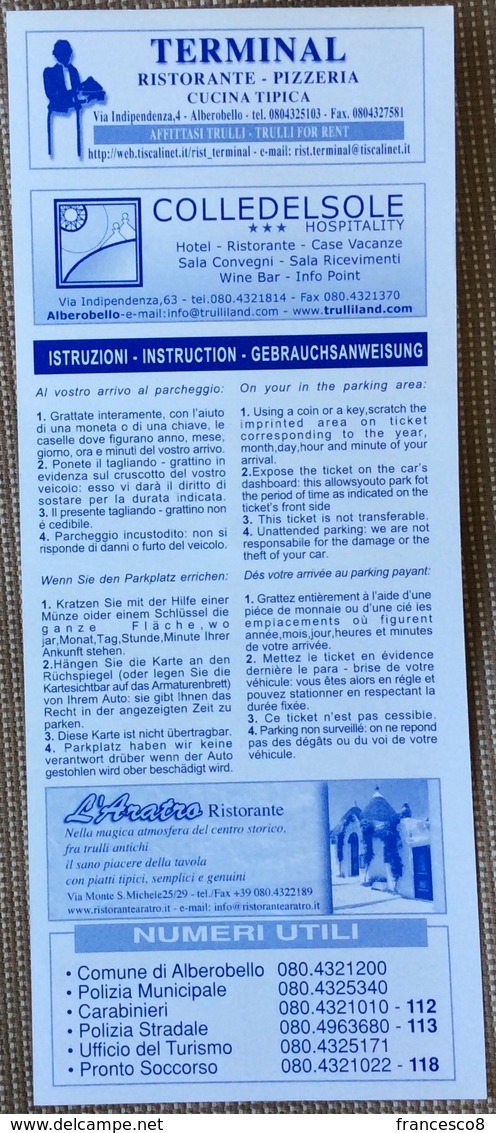 2003 Comune Alberobello Tagliando Parcheggio / Biglietto Tipo Gratta E Vinci - Europe