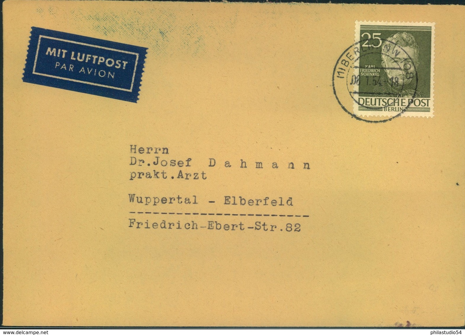 1954, Luftpostbrief Mit 25 Pfg. Schinkel Ab (1) BERLIN W 108" - Other & Unclassified