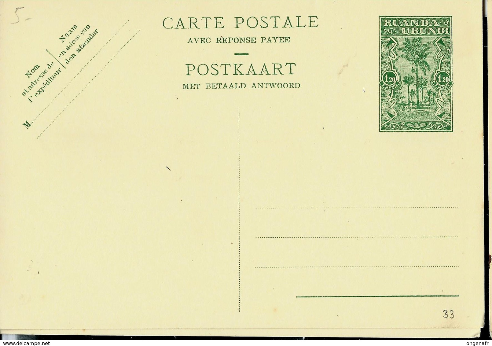 Carte Neuve N° 33. (carte Double)  1,20 + 1,20  Vert Sur Chamois - Enteros Postales