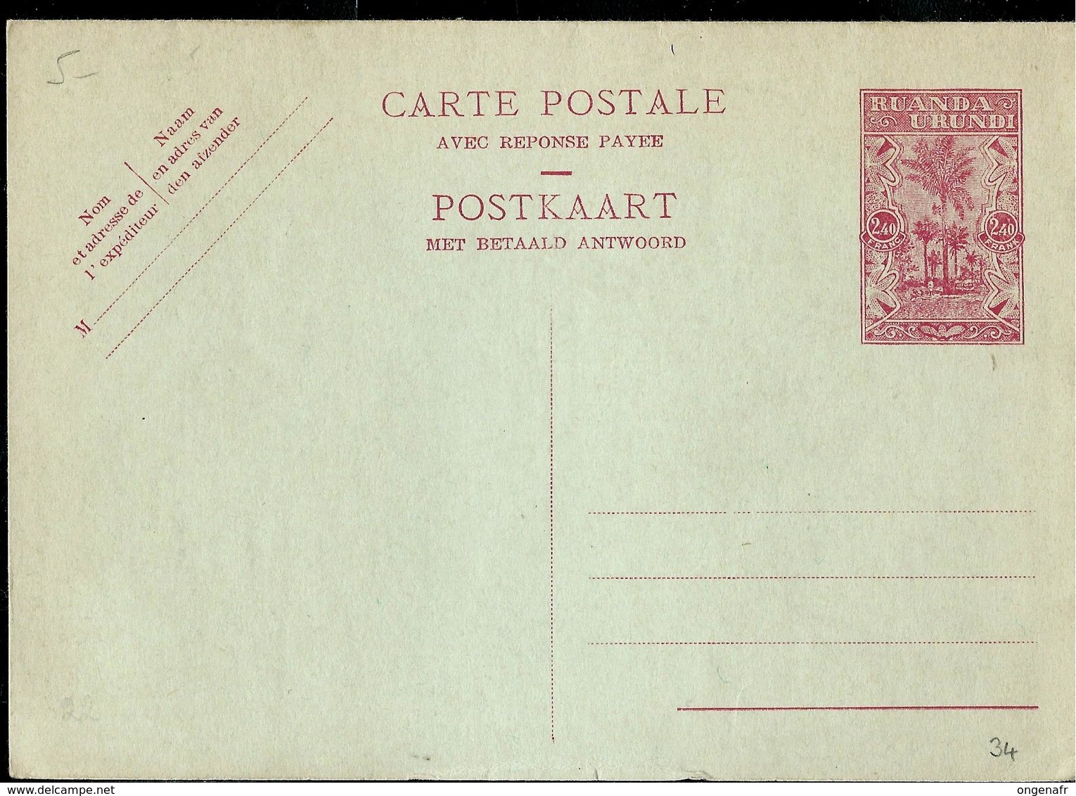 Carte Neuve N° 34  ( 2,40 Rose Sur Bleu) - Enteros Postales