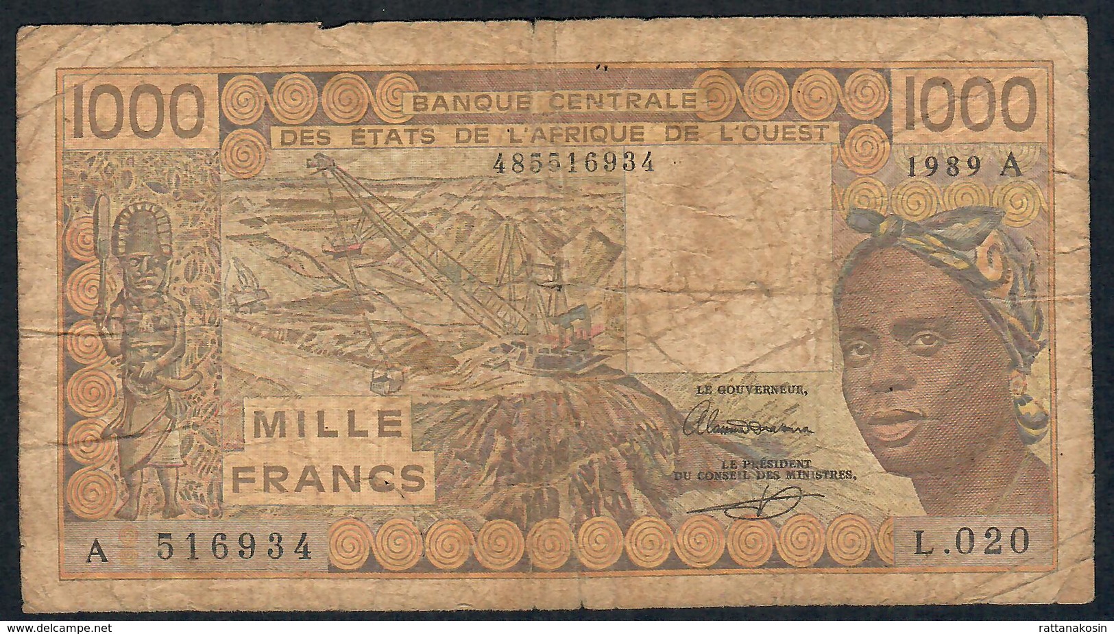 W.A.S. P107Ai  1000 FRANCS  1989 #L.020  VG-F - West African States