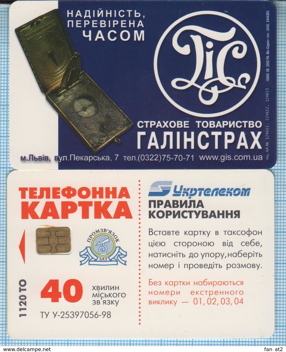 UKRAINE / Lviv / Phonecard Ukrtelecom / Advertising. Insurance Company GALINSTRAH. Clock. 08/02 - Ucrania