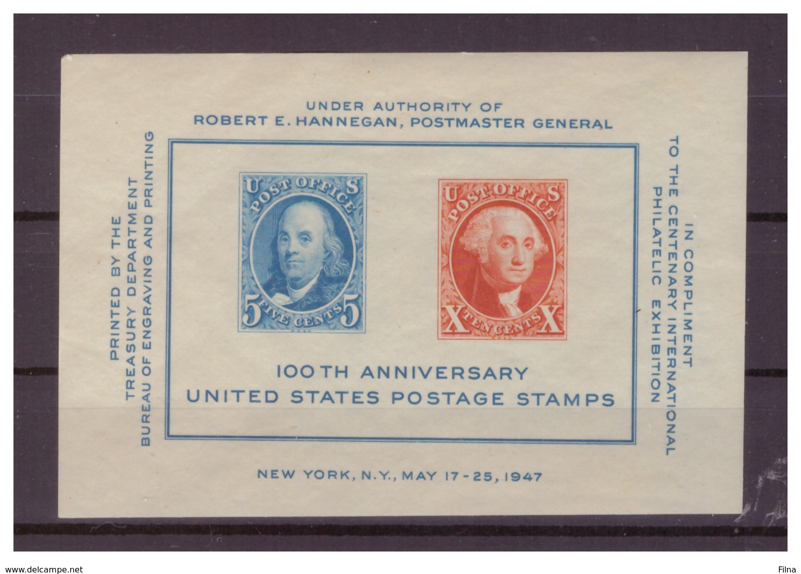 STATI UNITI 1947 -ESPOSIZIONE FILATELICA DI NEW YORK E CENTENARIO FRANCOBOLLO STATUNITENSE. PIEGHE E ADERENZE. MNH** - Hojas Bloque