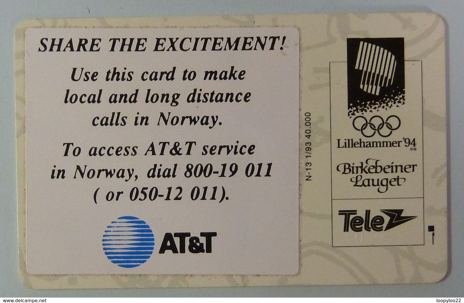 USA / NORWAY - Chip - Issued In USA By AT&T - Sticker On Reverse - Lillehammer '94 - 22 Units - Mint - RRR - Chipkaarten