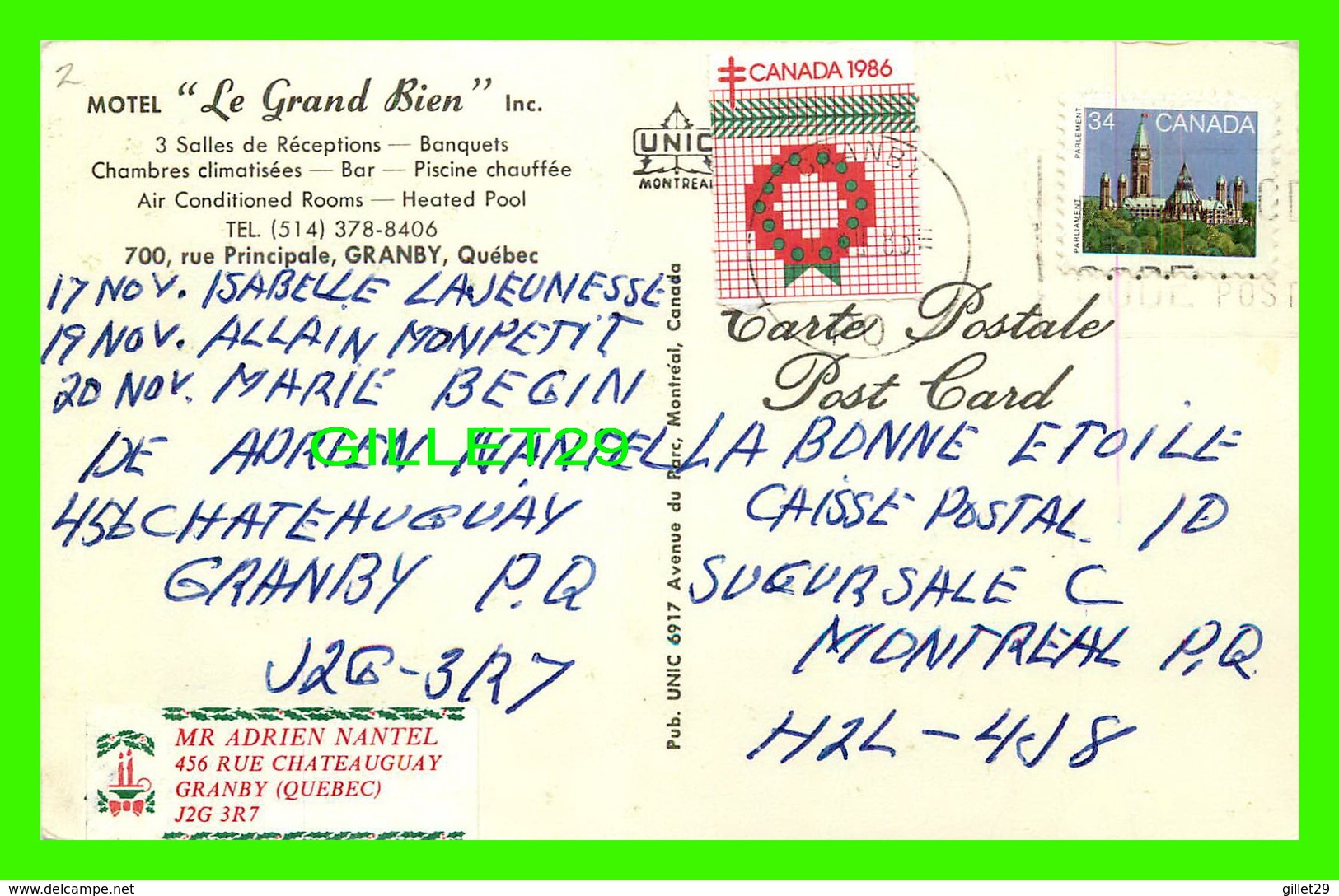 GRANBY, QUÉBEC - MOTEL " LE GRAND BIEN INC " - CIRCULÉE EN 1985 - UNIC - - Granby