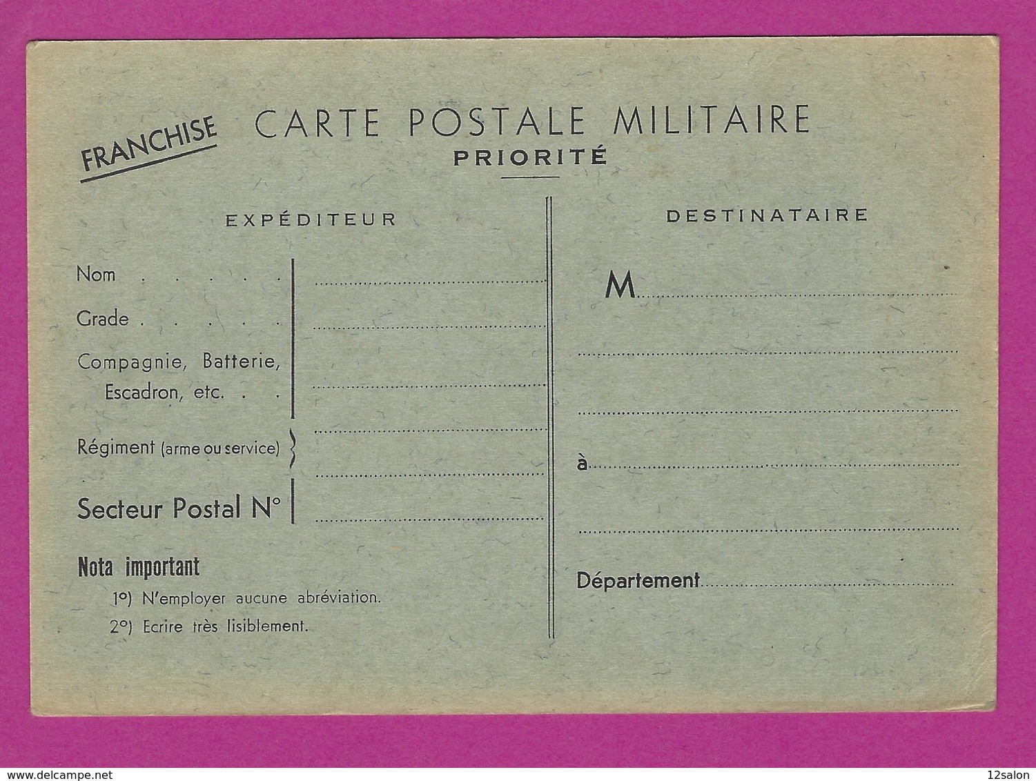 CARTE FRANCHISE MILITAIRE NEUVE - Guerre De 1939-45