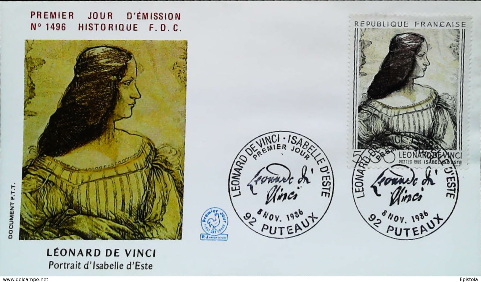 FRANCE - FDC - 1986 - (Oblitération  Signature Léonardo Da Vinci) - Tableau " ISABELLE D'ESTE" -  Enveloppe Premier Jour - Grabados