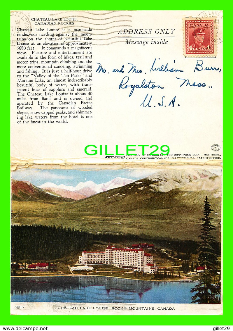 LAKE LOUISE, ALBERTA - CHATEAU LAKE LOUISE - TRAVEL IN 1947 - FOLKARD - - Lac Louise