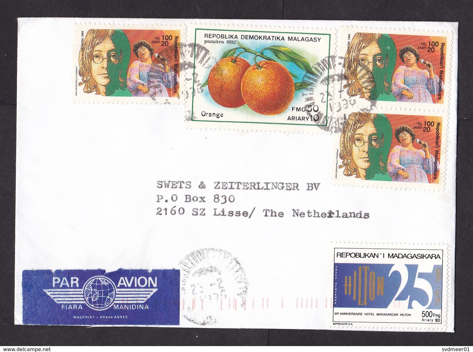 Madagascar: Airmail Cover To Netherlands, 1996, 5 Stamps, John Lennon, Ella Fitzgerald, Music, Air Label (traces Of Use) - Madagascar (1960-...)