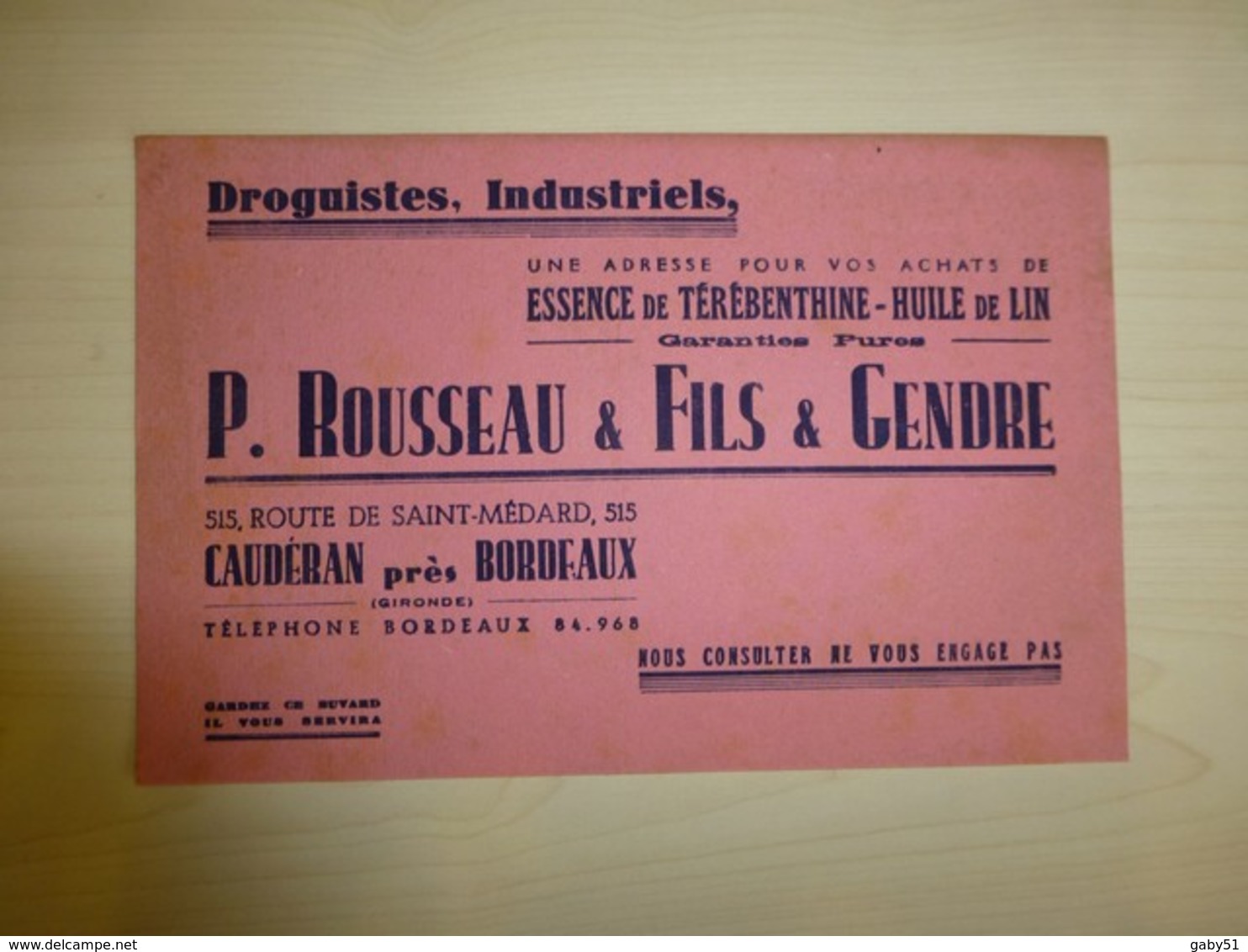 Caudéran (Bordeaux) Teinturiers Rousseau Et Fils, Buvard Ancien, Ref 1844 ; BU 04 - Altri & Non Classificati