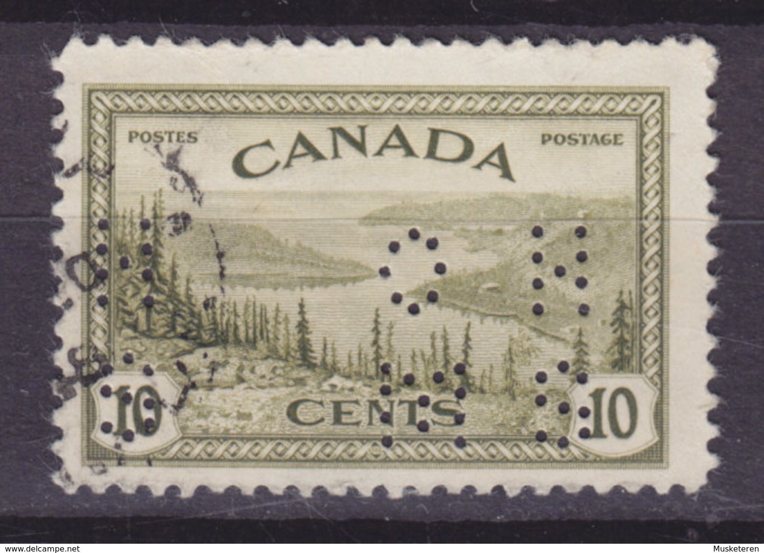 Canada Perfin Perforé Lochung 'O H M S' 1946, Mi. 236  10c. Grösser Bärensee (2 Scans) - Perforiert/Gezähnt