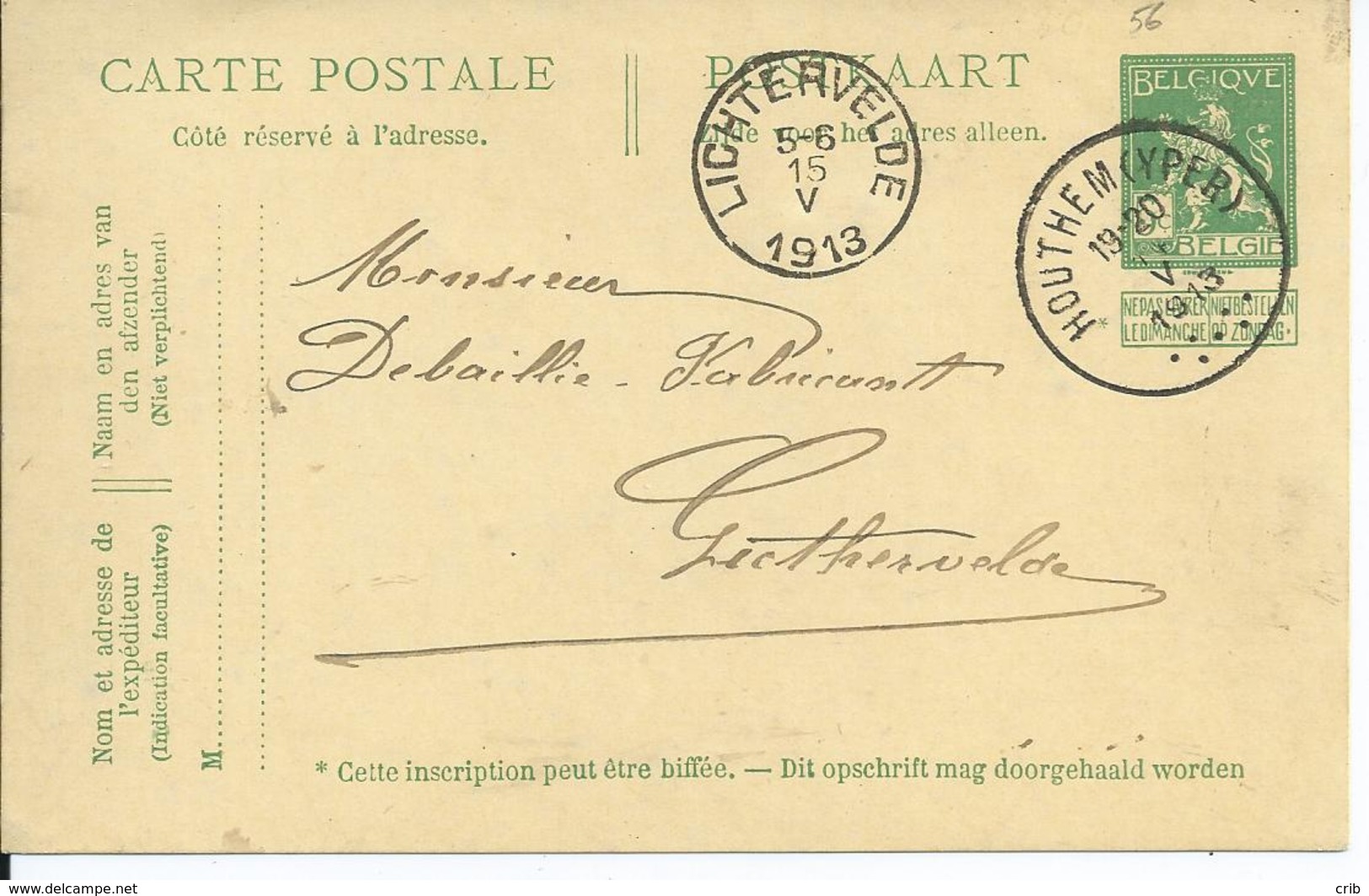 5c-postkaart - Afstempeling HOUTHEM(YPER) - COBA 30 - 1912 Pellens