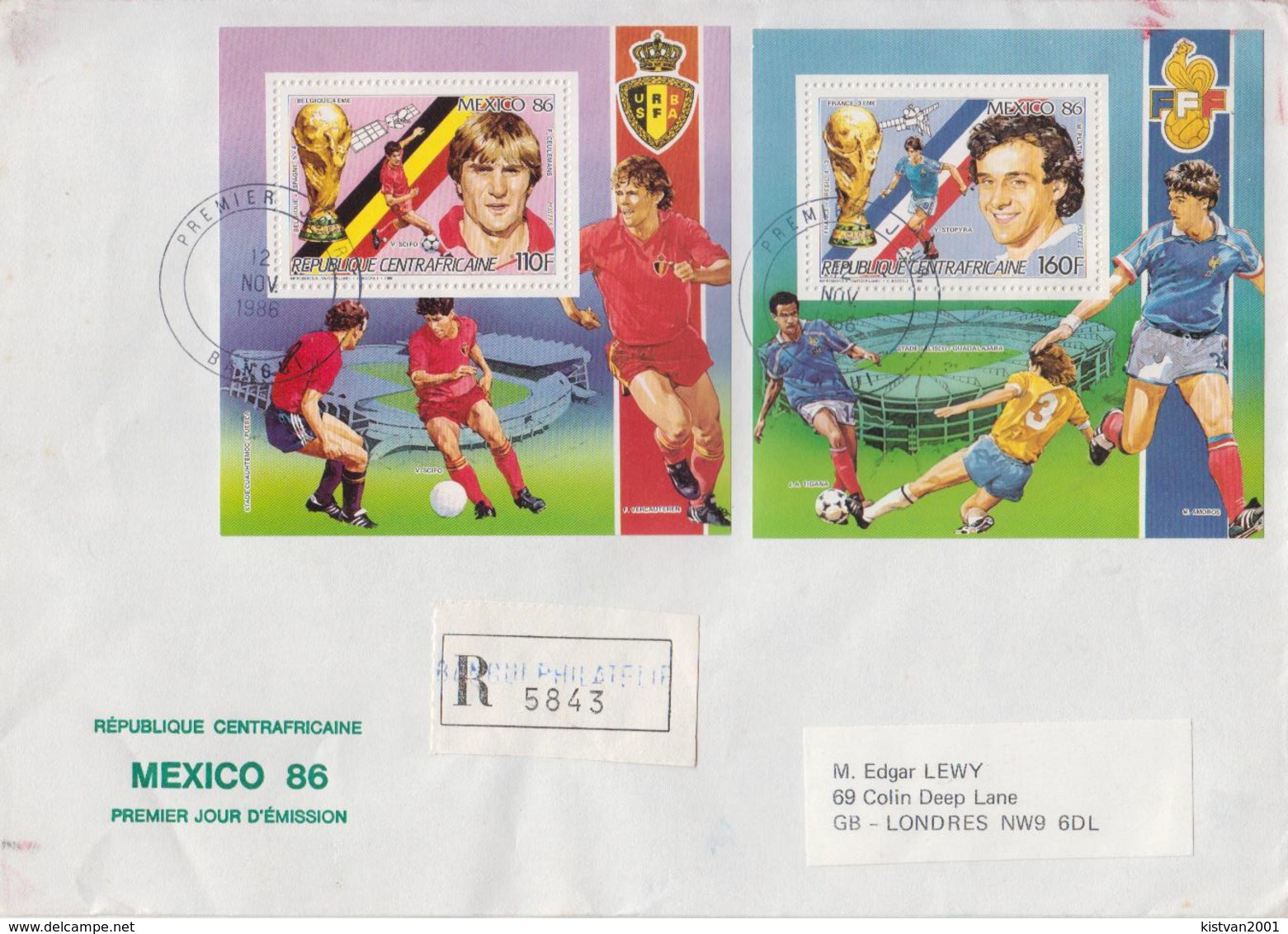 Postal History: Central Africa Famous Football Players Set Of 5 SSs On 3 Registered Covers To England, Rare!!!! - 1986 – Mexiko