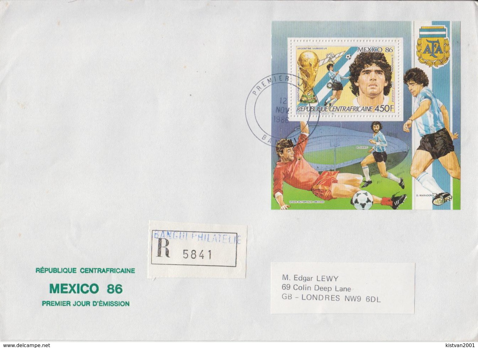 Postal History: Central Africa Famous Football Players Set Of 5 SSs On 3 Registered Covers To England, Rare!!!! - 1986 – Mexiko