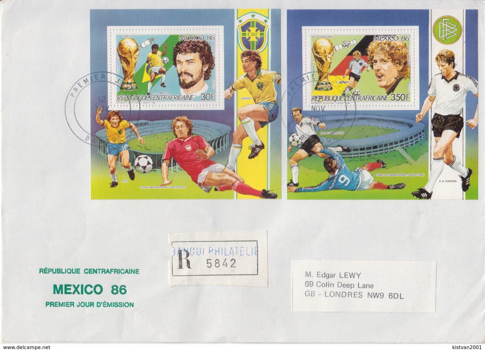 Postal History: Central Africa Famous Football Players Set Of 5 SSs On 3 Registered Covers To England, Rare!!!! - 1986 – Mexiko