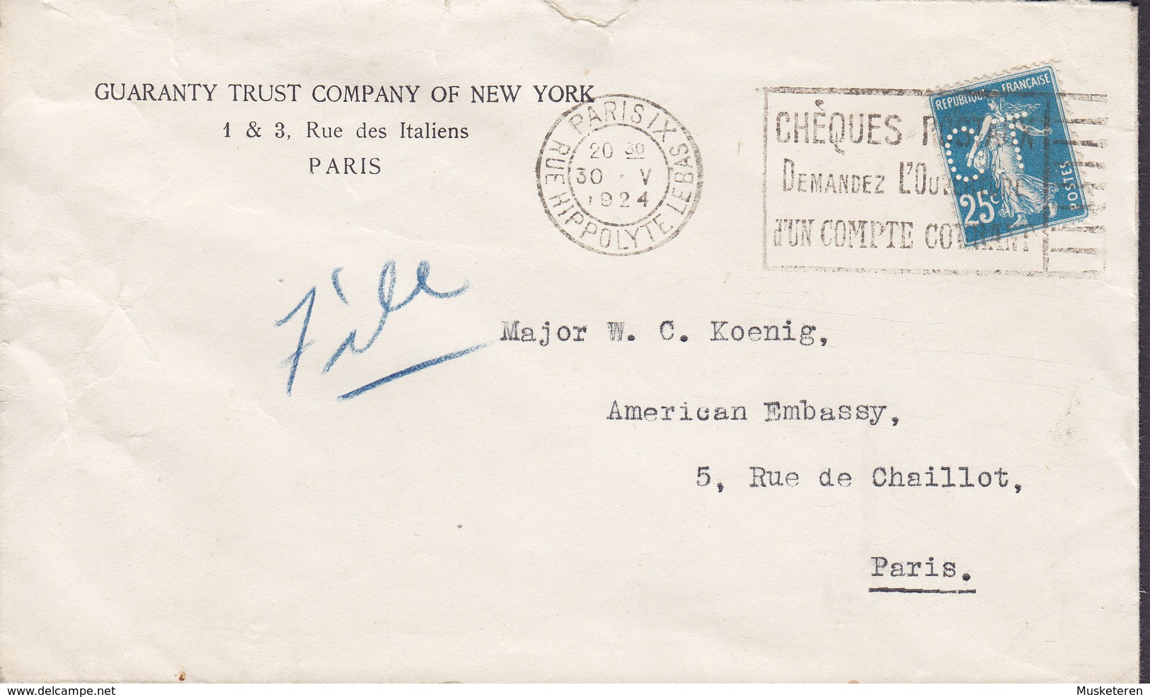 Perfin Perforé Lochung 'GT' GUARANTY TRUST COMPANY Of NEW YORK, PARIS Rue Hippolyte 1924 Cover Lettre Semeuse - Storia Postale