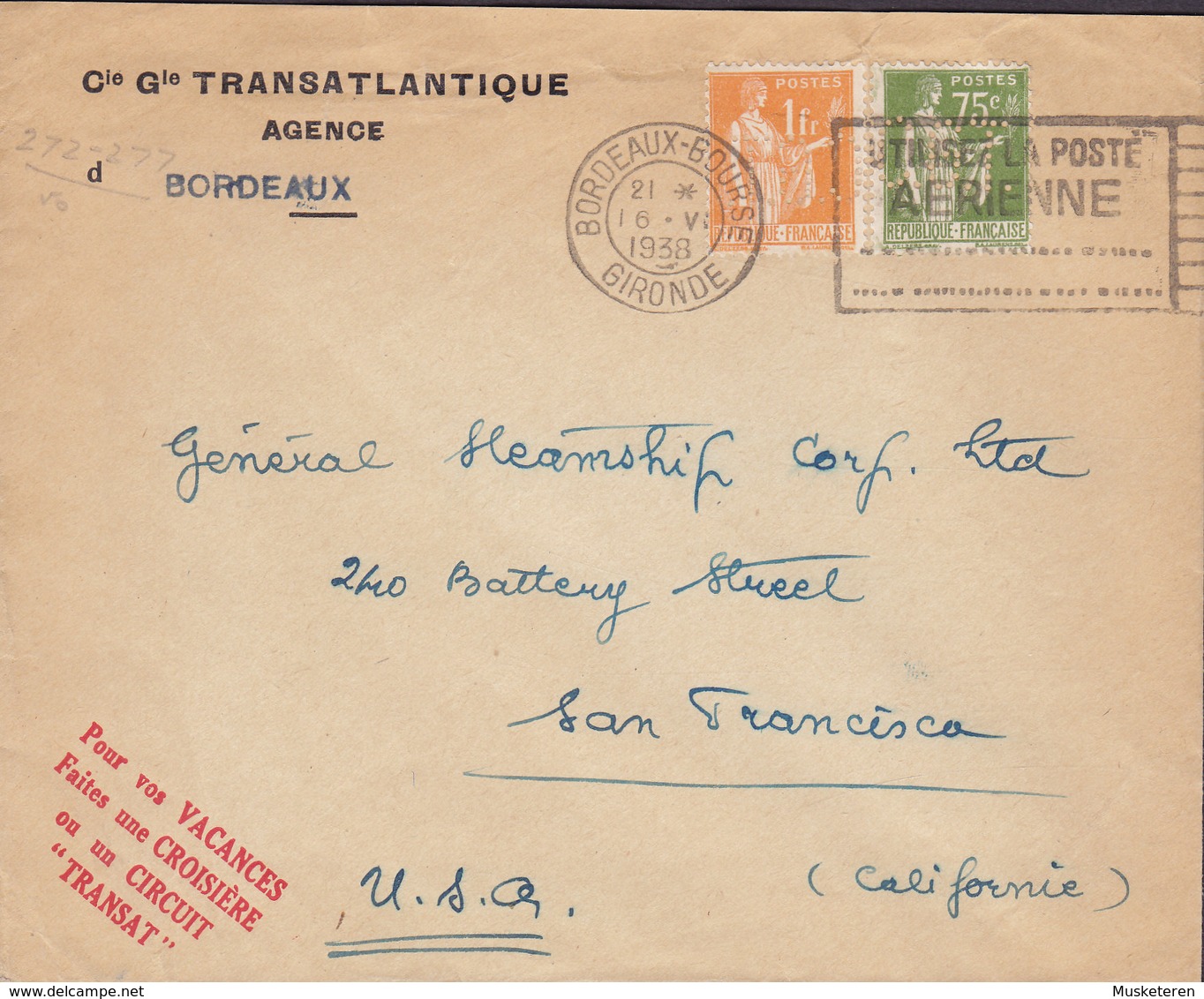 Perfin Perforé Lochung 'C.G.T.' & 'T.G.C.' Cie Gie TRANSATLANTIQUE, BORDEAUX-BOURSE 1930 Cover Lettre 2x Paix - Covers & Documents