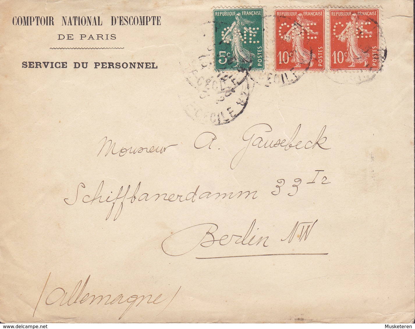 Perfin Perforé Lochung 'CNE' COMPTOIR NATIONAL D'ESCOMPTE De Paris Service Du Personnel 1915? Cover Lettre 3x Semeuse - Lettres & Documents