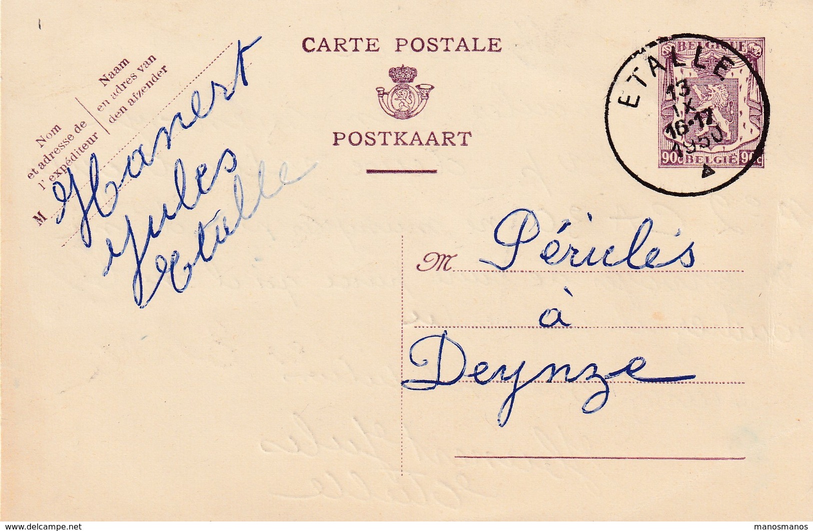 DDX 170 - La GAUME - Entier Petit Sceau ETALLE 1950 Vers DEYNZE - Expéditeur Jules Hanert - Cartes Postales 1934-1951