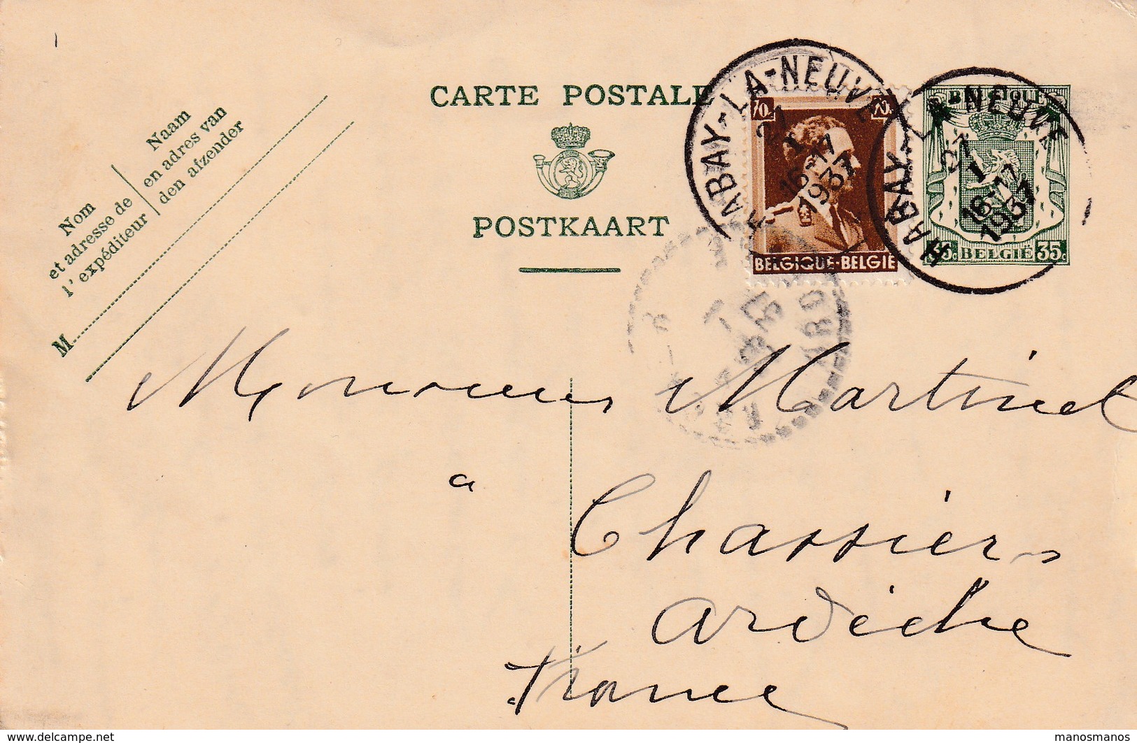 DDX 173 - La GAUME - Entier Petit Sceau + TP Col Ouvert HABAY LA NEUVE 1937 Vers CHASSIER Ardèche - Postkarten 1934-1951