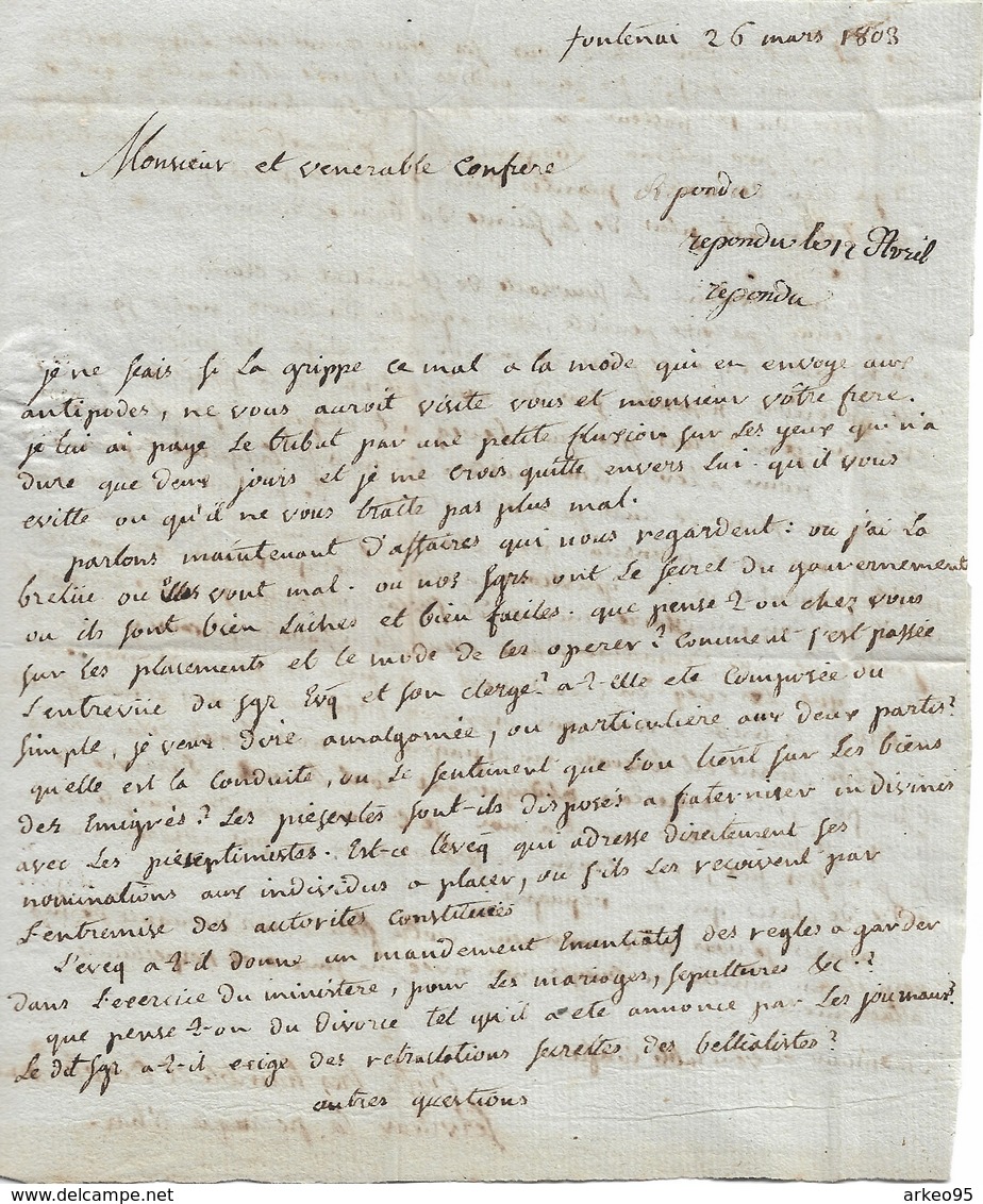 Lettre D'un Prêtre De Fontenay-le-Comte à Un Confrère De Poitiers, 26/3/1803 - Documents Historiques