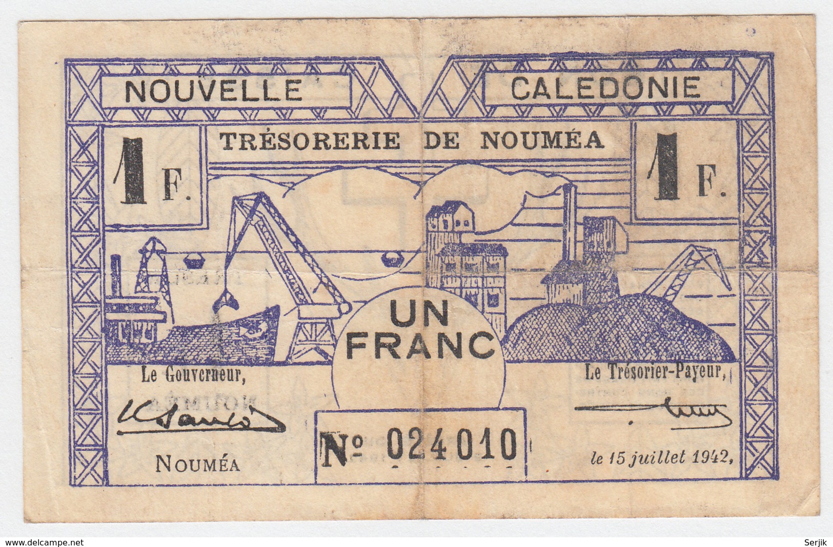 New Caledonia 1 Franc 1942 VF Pick 52 - Nouméa (Neukaledonien 1873-1985)