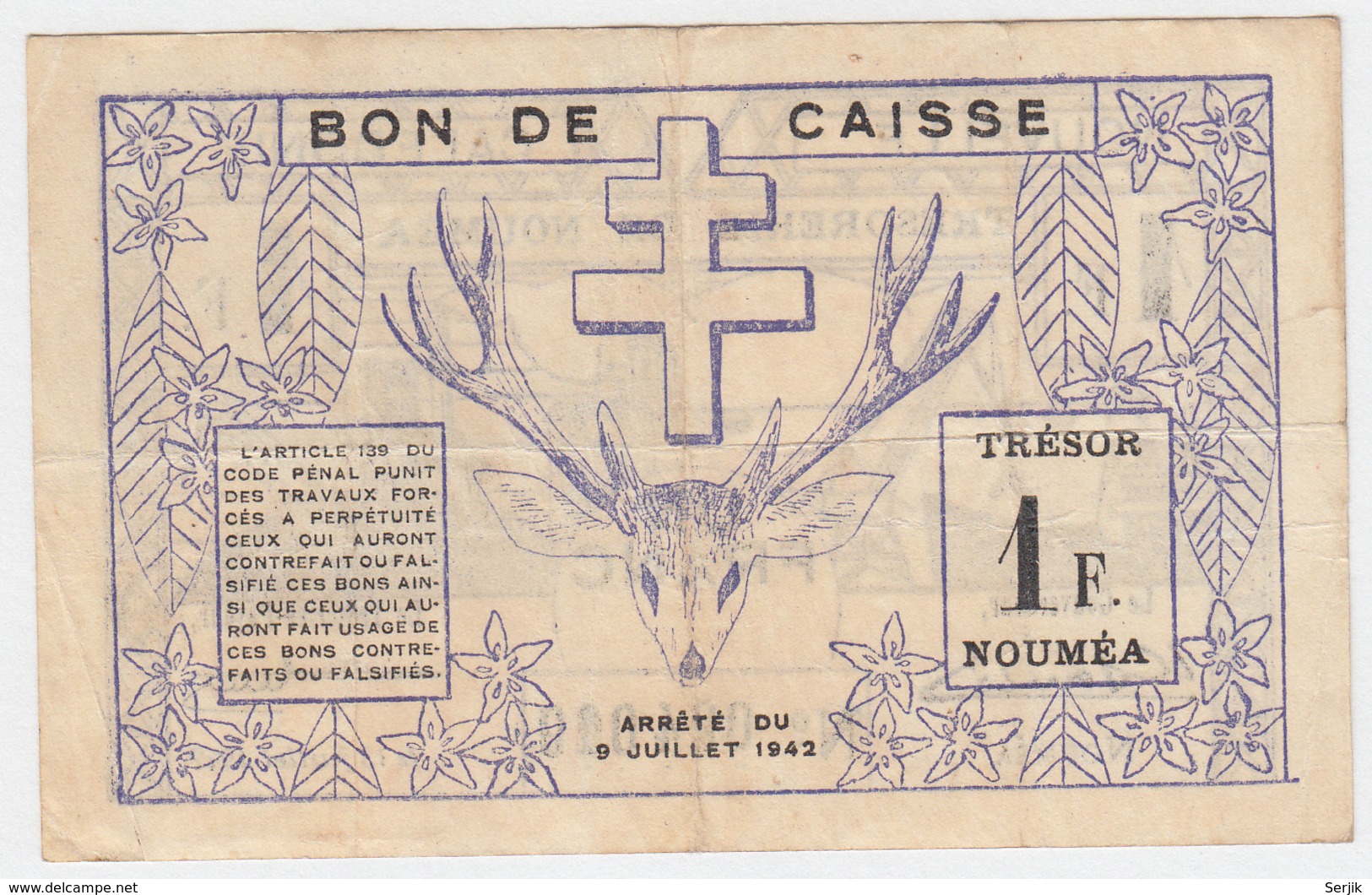 New Caledonia 1 Franc 1942 VF Pick 52 - Nouméa (Nieuw-Caledonië 1873-1985)