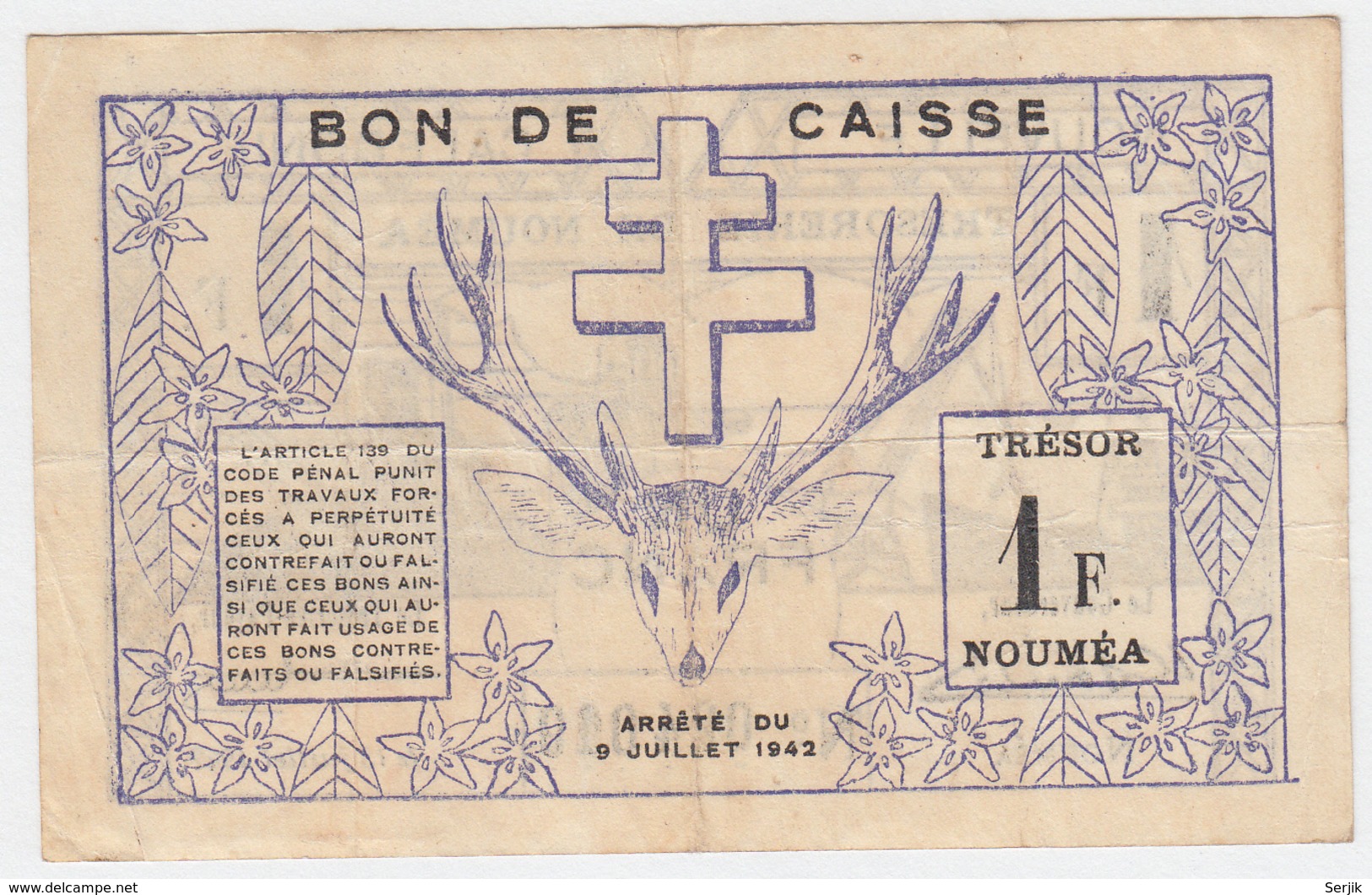 New Caledonia 1 Franc 1942 VF Pick 52 - Nouméa (Neukaledonien 1873-1985)