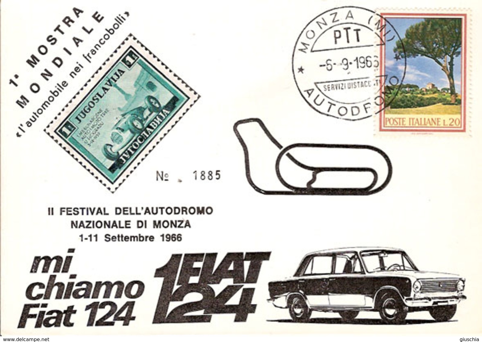 (CTF).1^ Mostra Mondiale Filatelica "Monza Autodromo".Annullo Speciale Su Cartolina Del 6-9-1966 (33-a20) - Timbres (représentations)